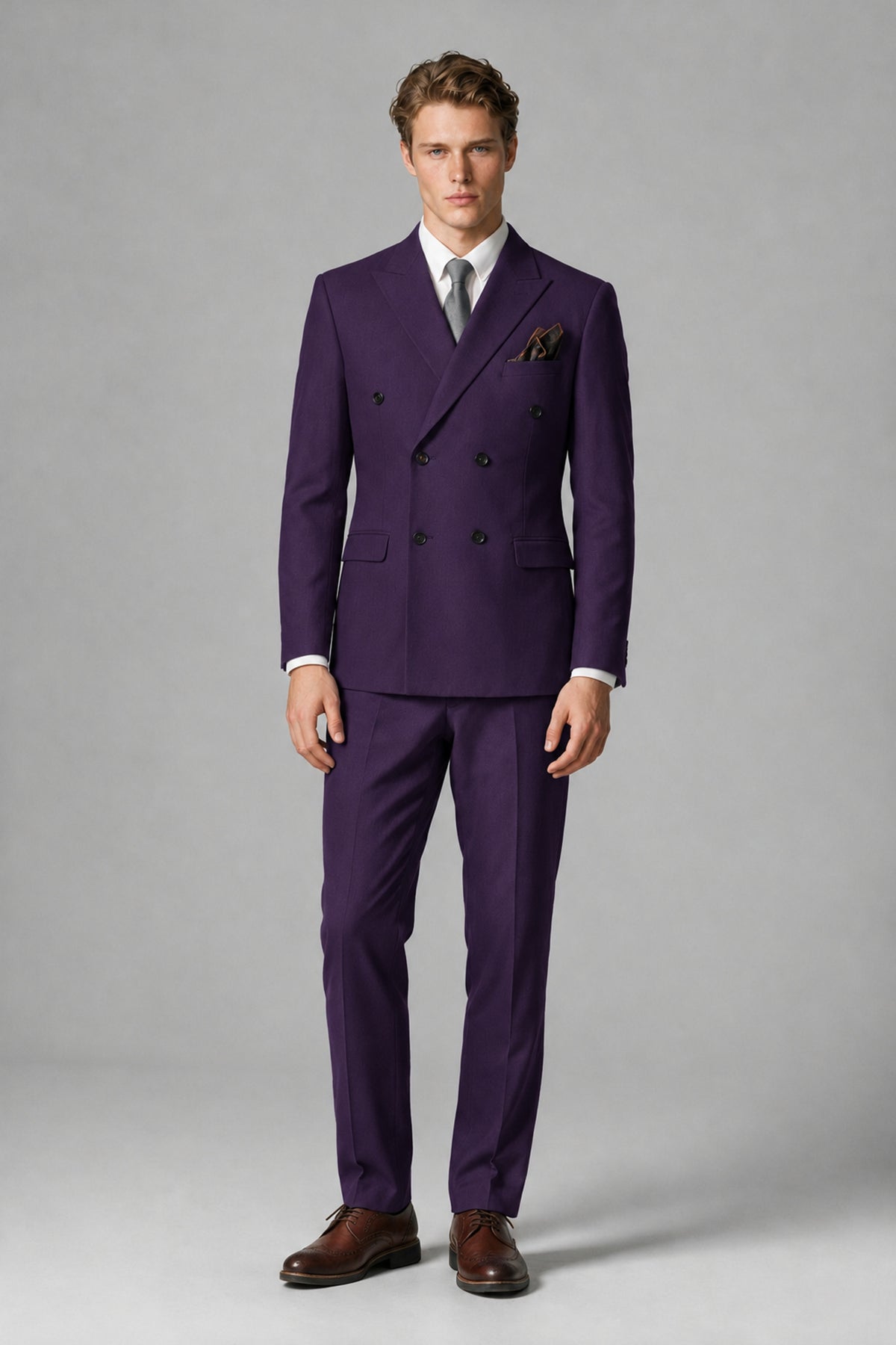 Bolodoo Men's Dark Purple Double-Breasted Two-Piece Suit with Peak Lapels - Dark Purple - Dark Purple_2