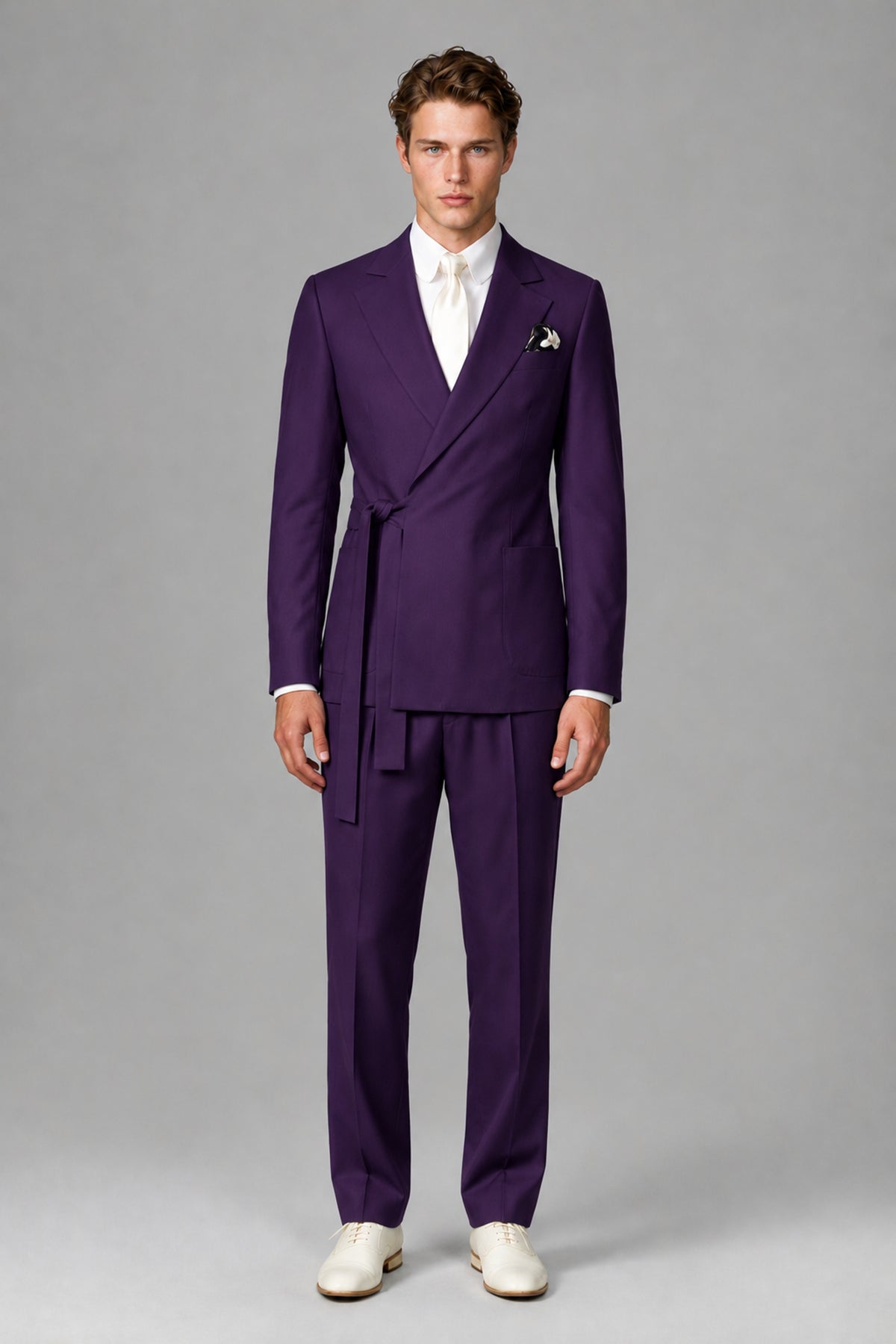 Bolodoo Men's Dark Purple Wrap Tie-Waist Two-Piece Suit – Jacket & Trousers - Dark Purple - Dark Purple_2