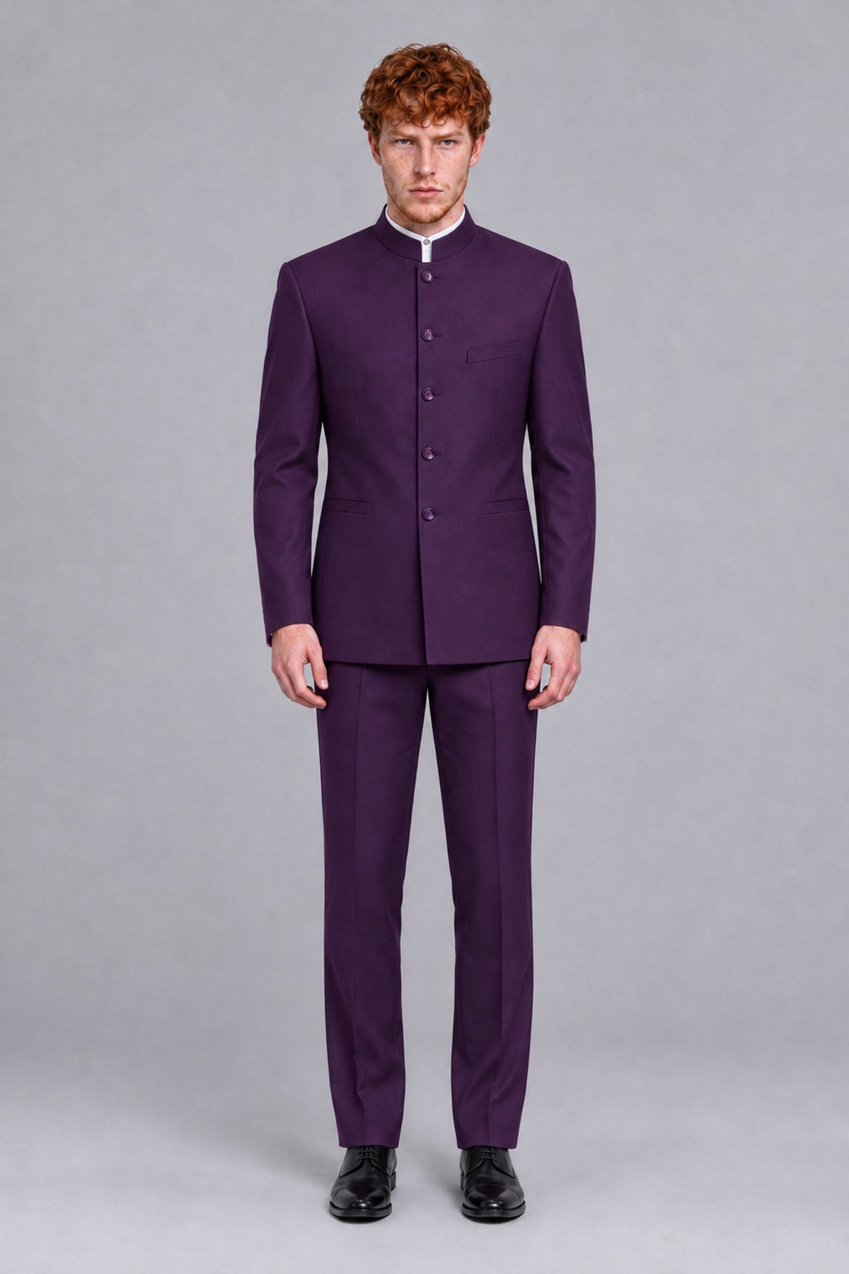 BOLODOO Men's Dark Purple Mandarin Collar Two-Piece Suit - Dark Purple - Dark Purple_2