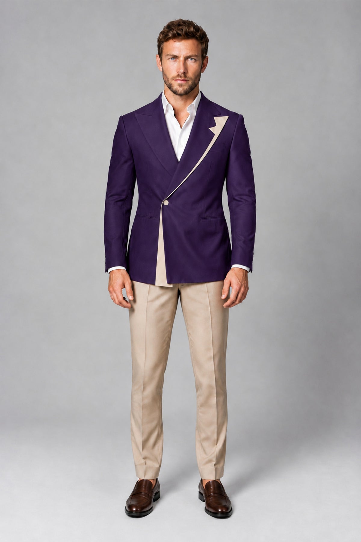 BOLODOO Men's Dark Purple Double-Breasted Blazer & Khaki Trousers Tuxedo 2-Piece Suit Set - Dark Purple - Dark Purple_2