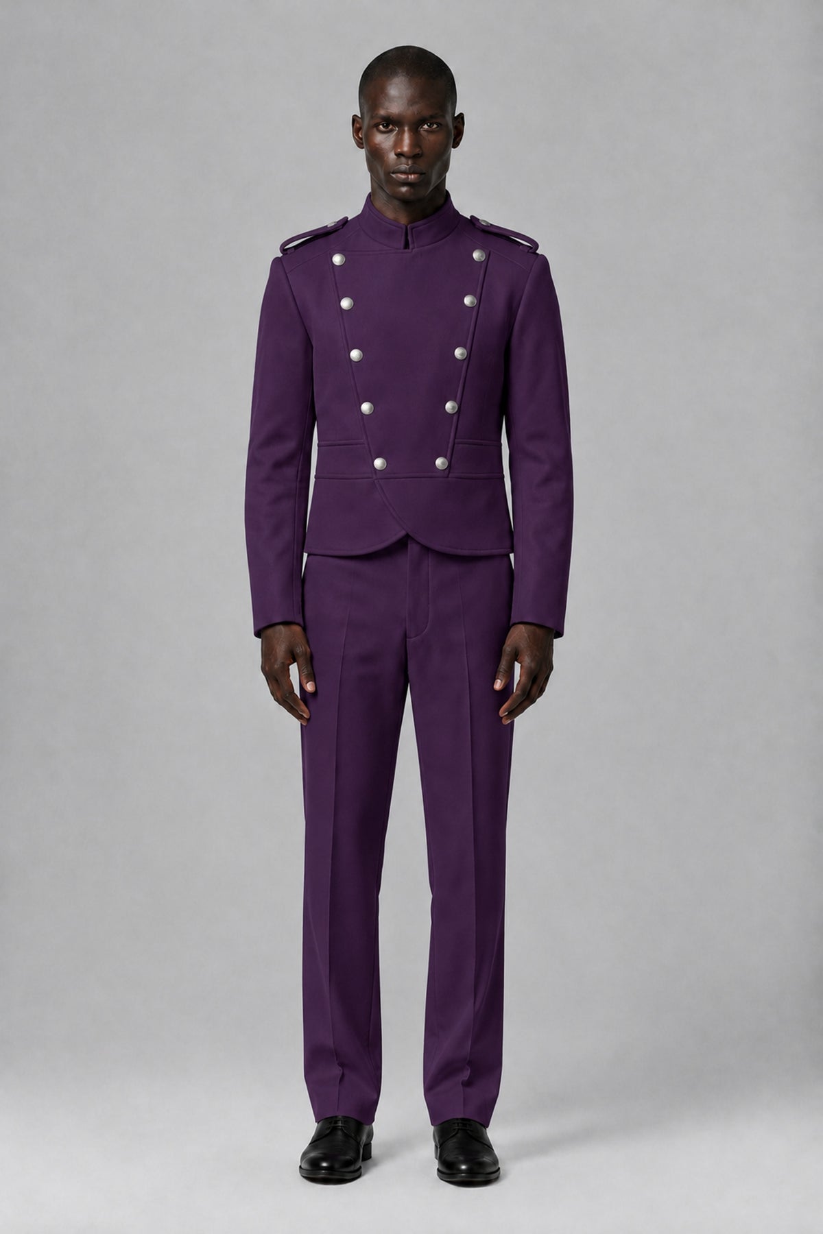 Bolodoo Men's Dark Purple Military-Inspired Two-Piece Suit with Stand Collar - Dark Purple - Dark Purple_2