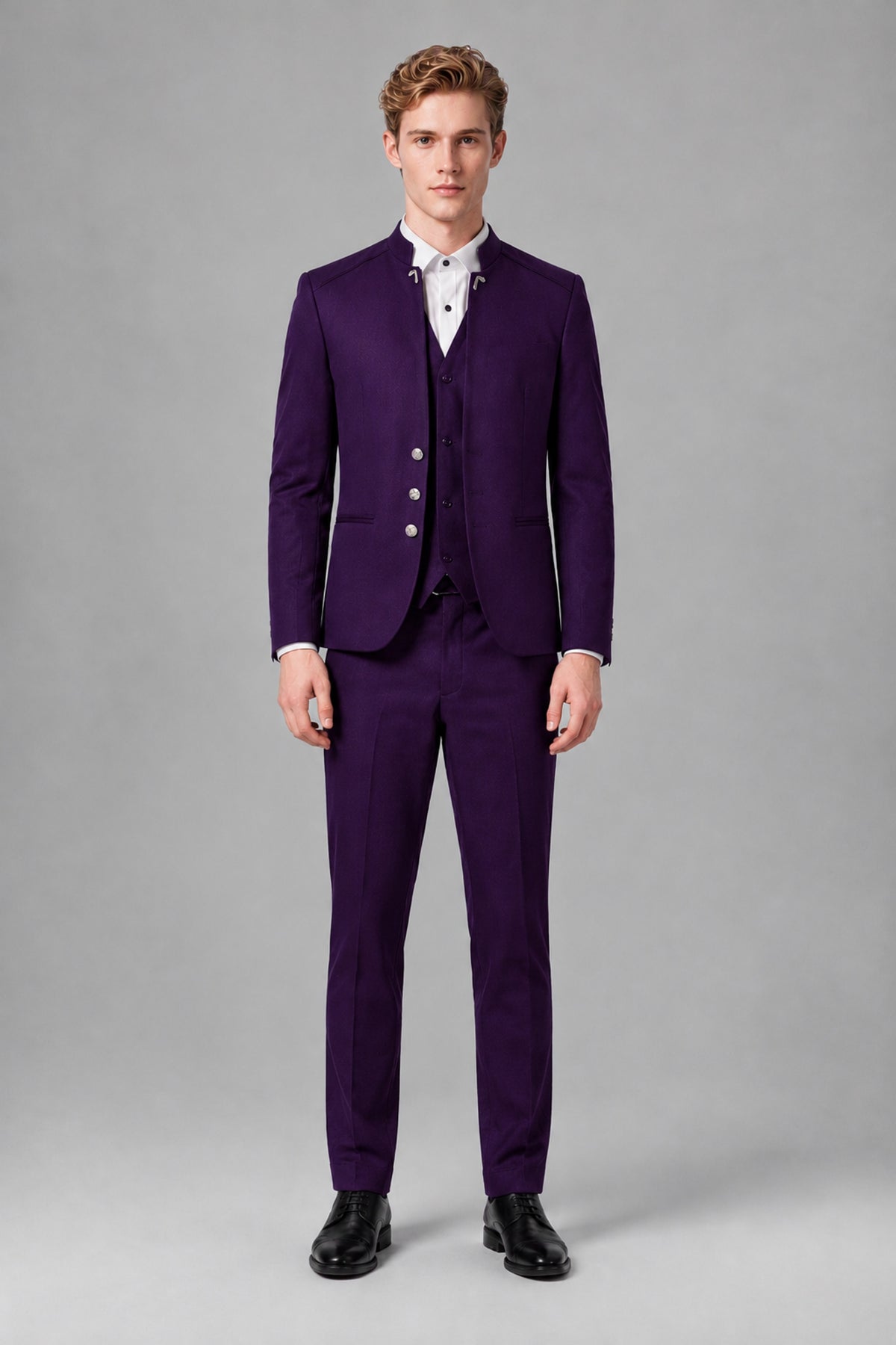 Bolodoo Men's Dark Purple Mandarin Collar 3-Piece Suit – Jacket, Vest & Trousers - Dark Purple - Dark Purple_2
