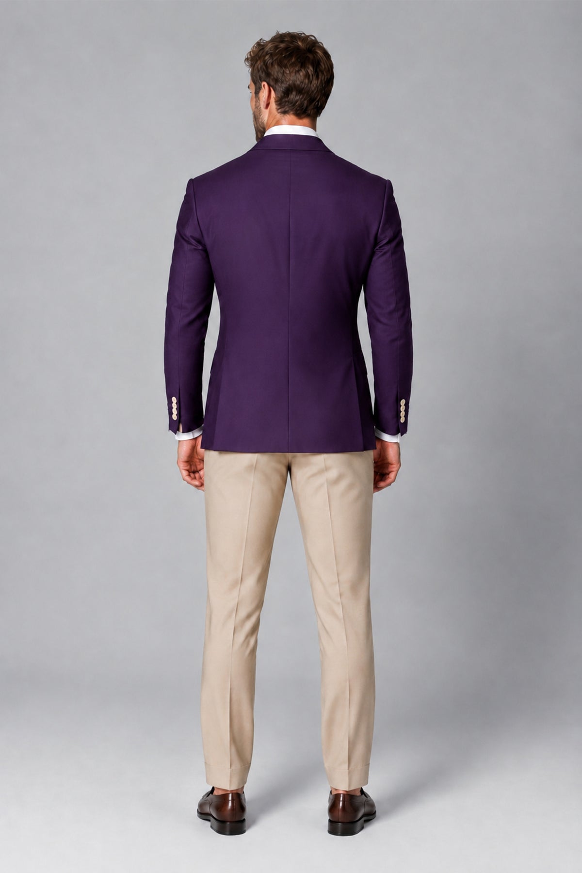 BOLODOO Men's Dark Purple Double-Breasted Blazer & Khaki Trousers Tuxedo 2-Piece Suit Set - Dark Purple - Dark Purple_3