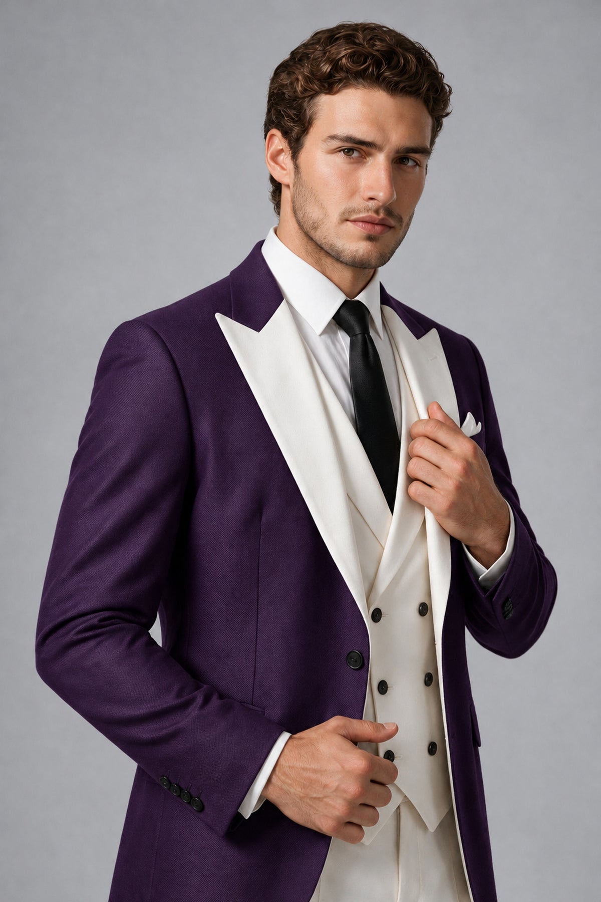 BOLODOO Men's Dark Purple Satin 3-Piece Suit | Blazer, Vest & Trousers Set - Dark Purple - Dark Purple_4