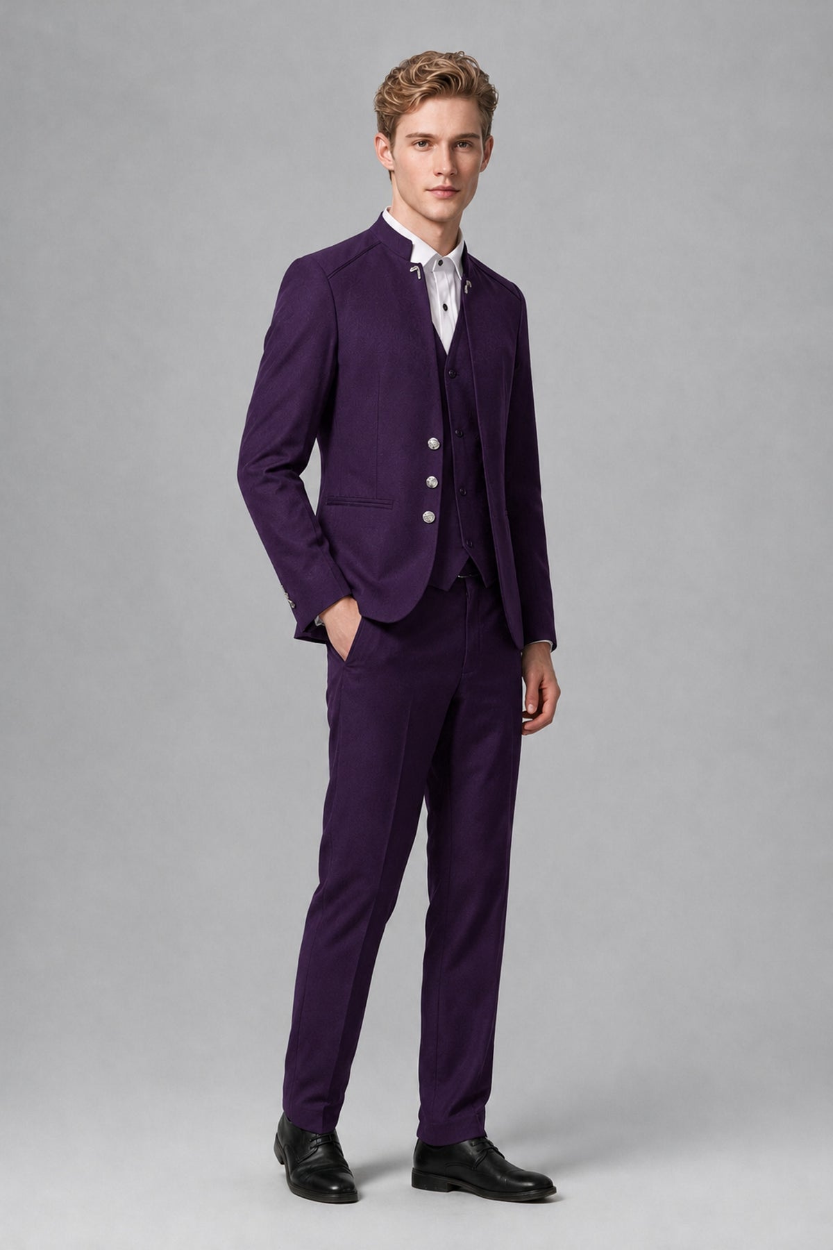 Bolodoo Men's Dark Purple Mandarin Collar 3-Piece Suit – Jacket, Vest & Trousers - Dark Purple - Dark Purple_4