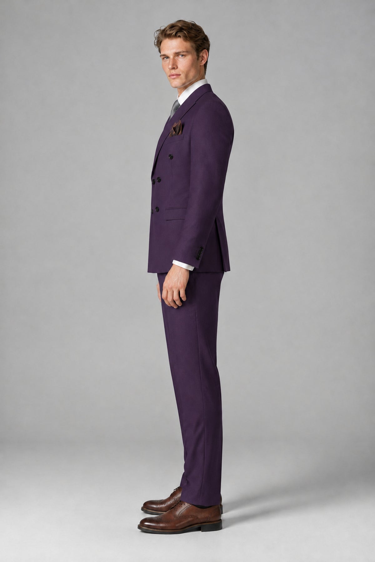 Bolodoo Men's Dark Purple Double-Breasted Two-Piece Suit with Peak Lapels - Dark Purple - Dark Purple_4