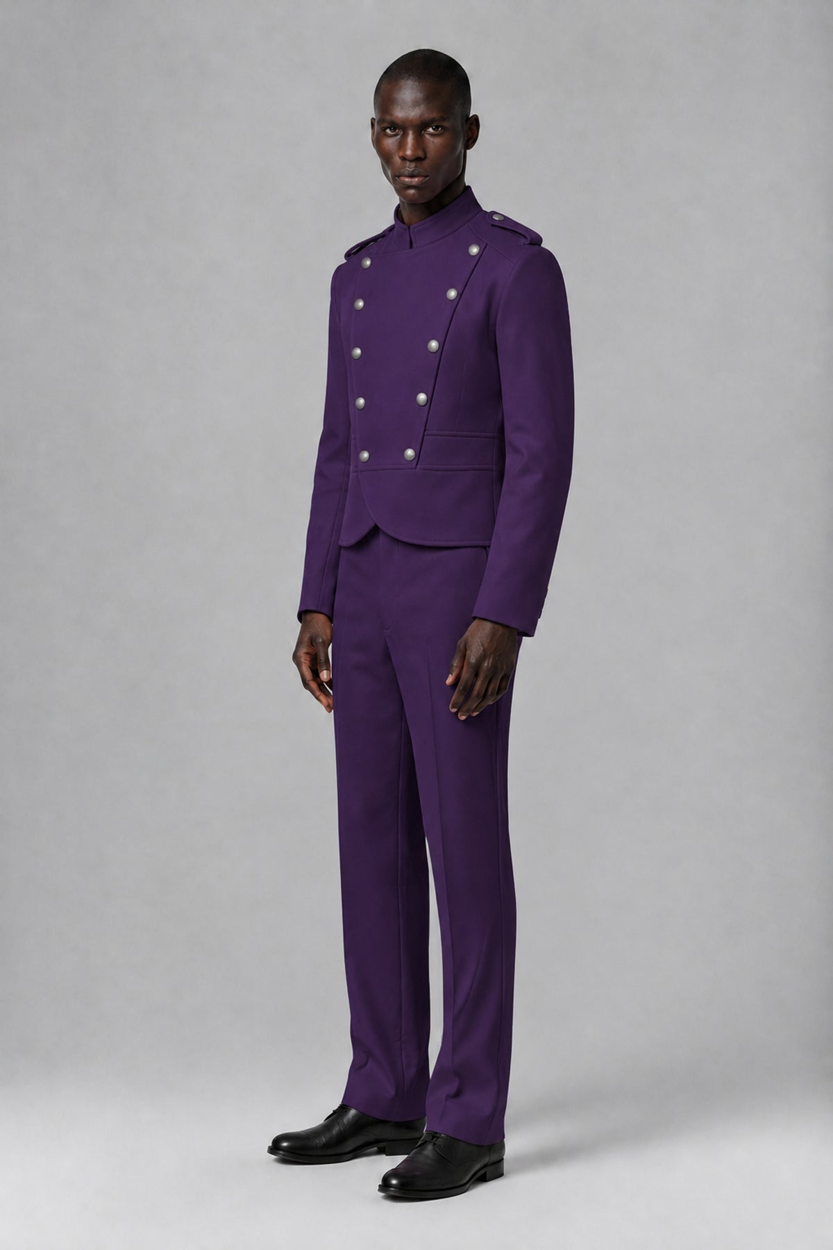 Bolodoo Men's Dark Purple Military-Inspired Two-Piece Suit with Stand Collar - Dark Purple - Dark Purple_4