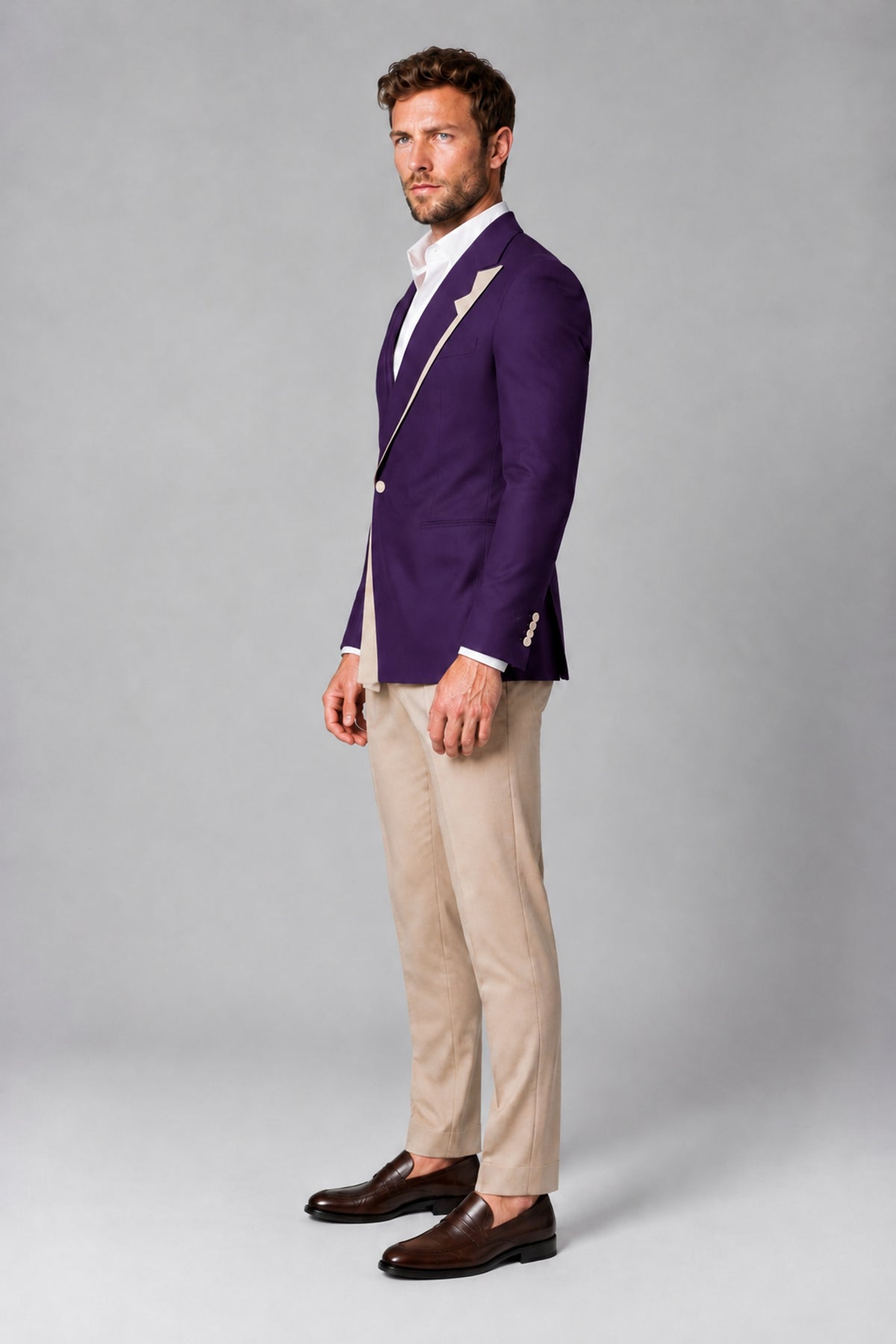 BOLODOO Men's Dark Purple Double-Breasted Blazer & Khaki Trousers Tuxedo 2-Piece Suit Set - Dark Purple - Dark Purple_4