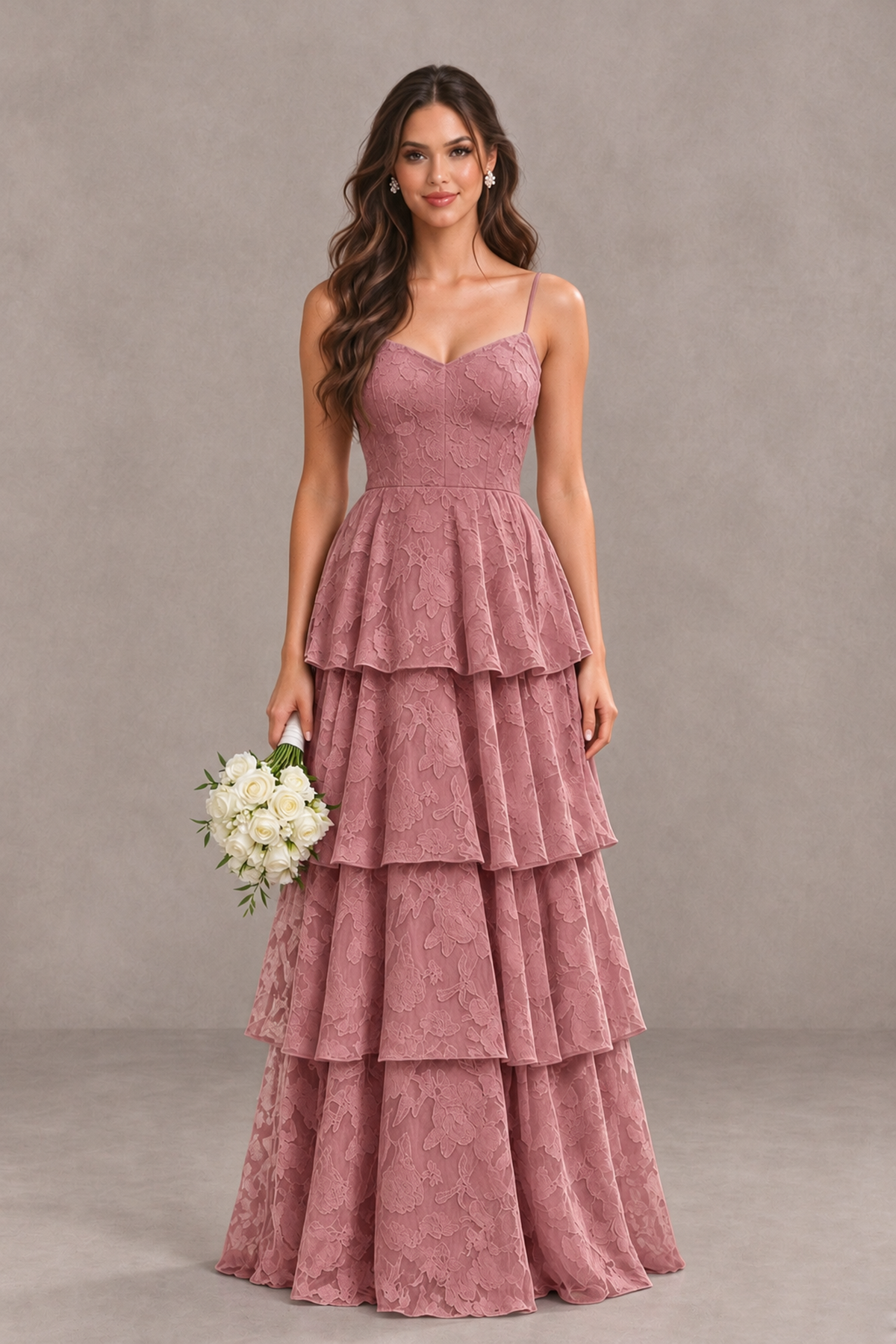 BOLODOO Dark Rose Tiered Floral-Textured Spaghetti Strap Maxi Dress - Dark Rose - Dark Rose_1