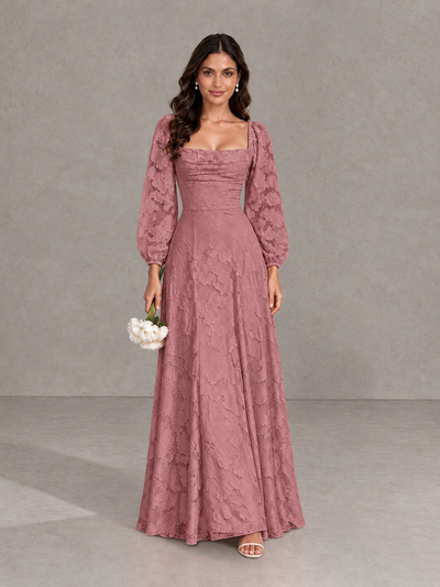 BOLODOO Dark Rose Floral Long Sleeve A-Line Bridesmaid Dress - Dark Rose - Dark Rose_1