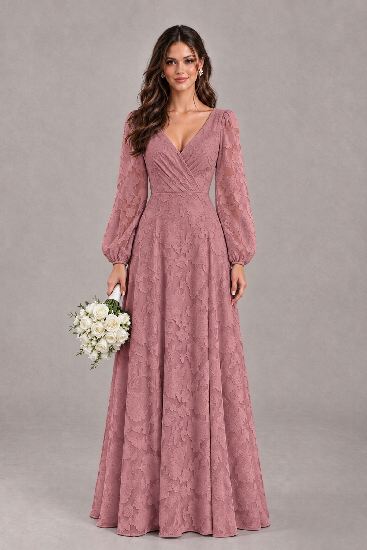 BOLODOO Dark Rose Long Sleeve V-Neck A-Line Mother of the Bride Dress - Dark Rose - Dark Rose_1