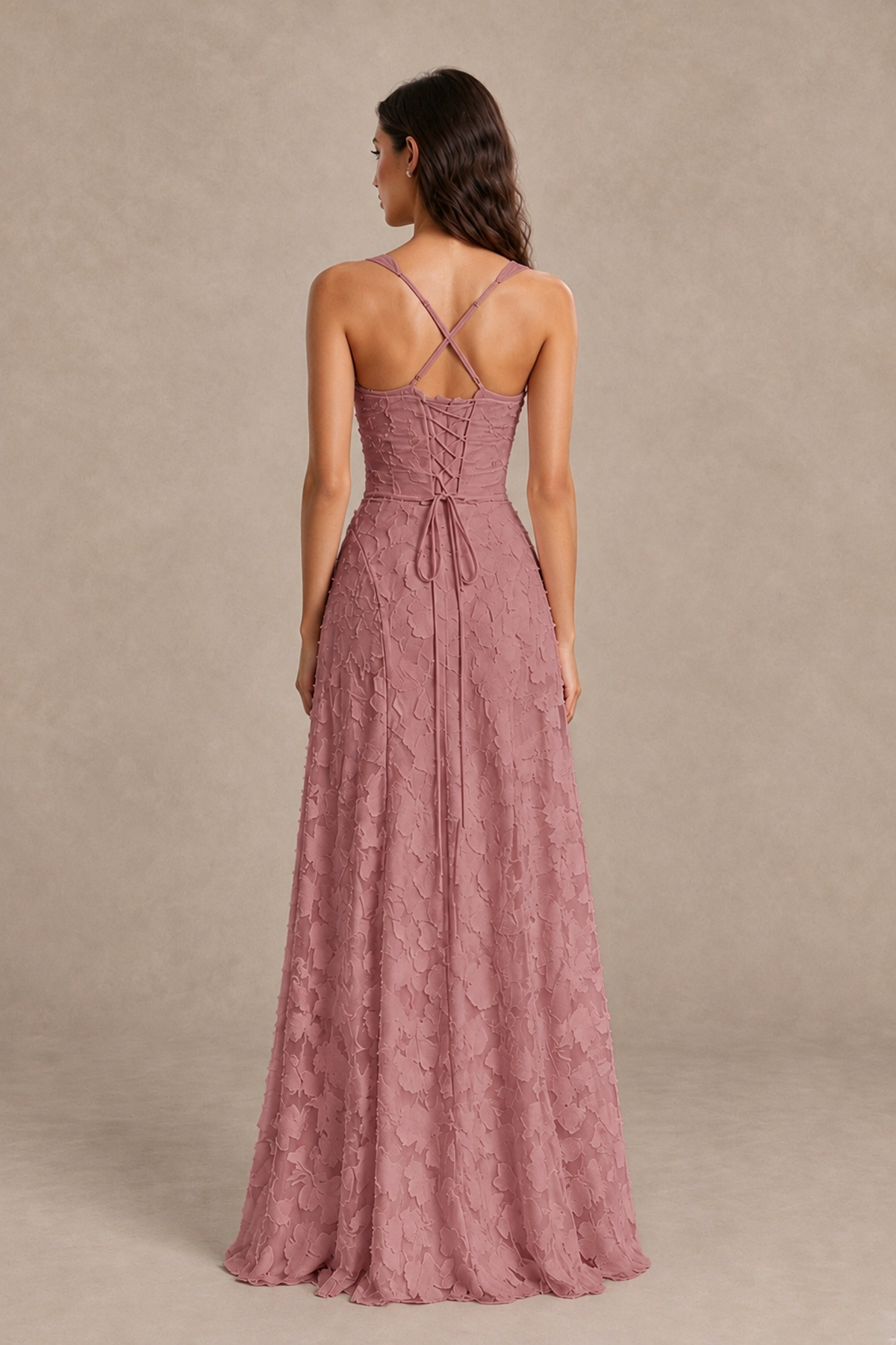 BOLODOO Dark Rose Floral-Textured A-Line Dress with Lace-Up Back - Dark Rose - Dark Rose_2