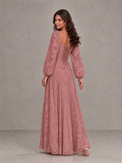 BOLODOO Dark Rose Floral Long Sleeve A-Line Bridesmaid Dress - Dark Rose - Dark Rose_2