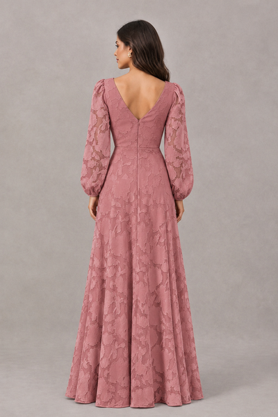 BOLODOO Dark Rose Long Sleeve V-Neck A-Line Mother of the Bride Dress - Dark Rose - Dark Rose_2