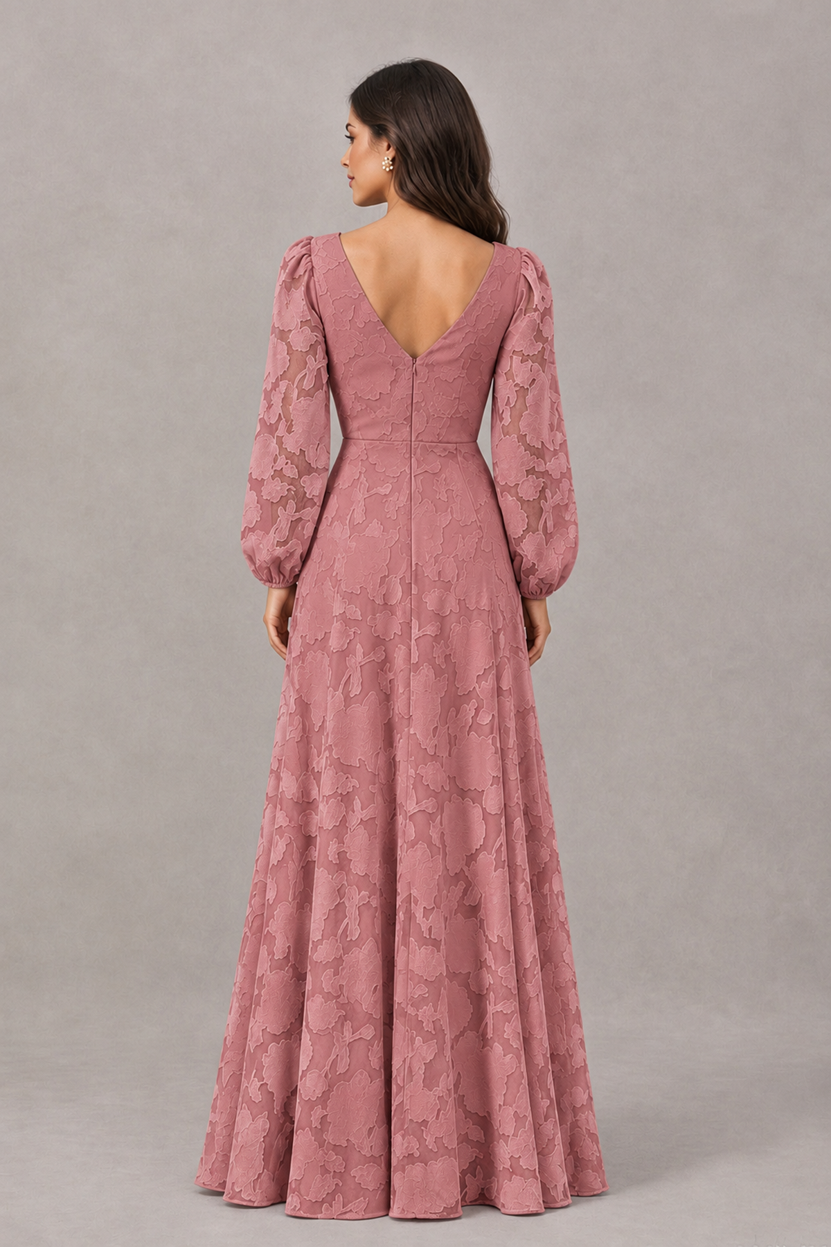 BOLODOO Dark Rose Long Sleeve V-Neck A-Line Mother of the Bride Dress - Dark Rose - Dark Rose_2