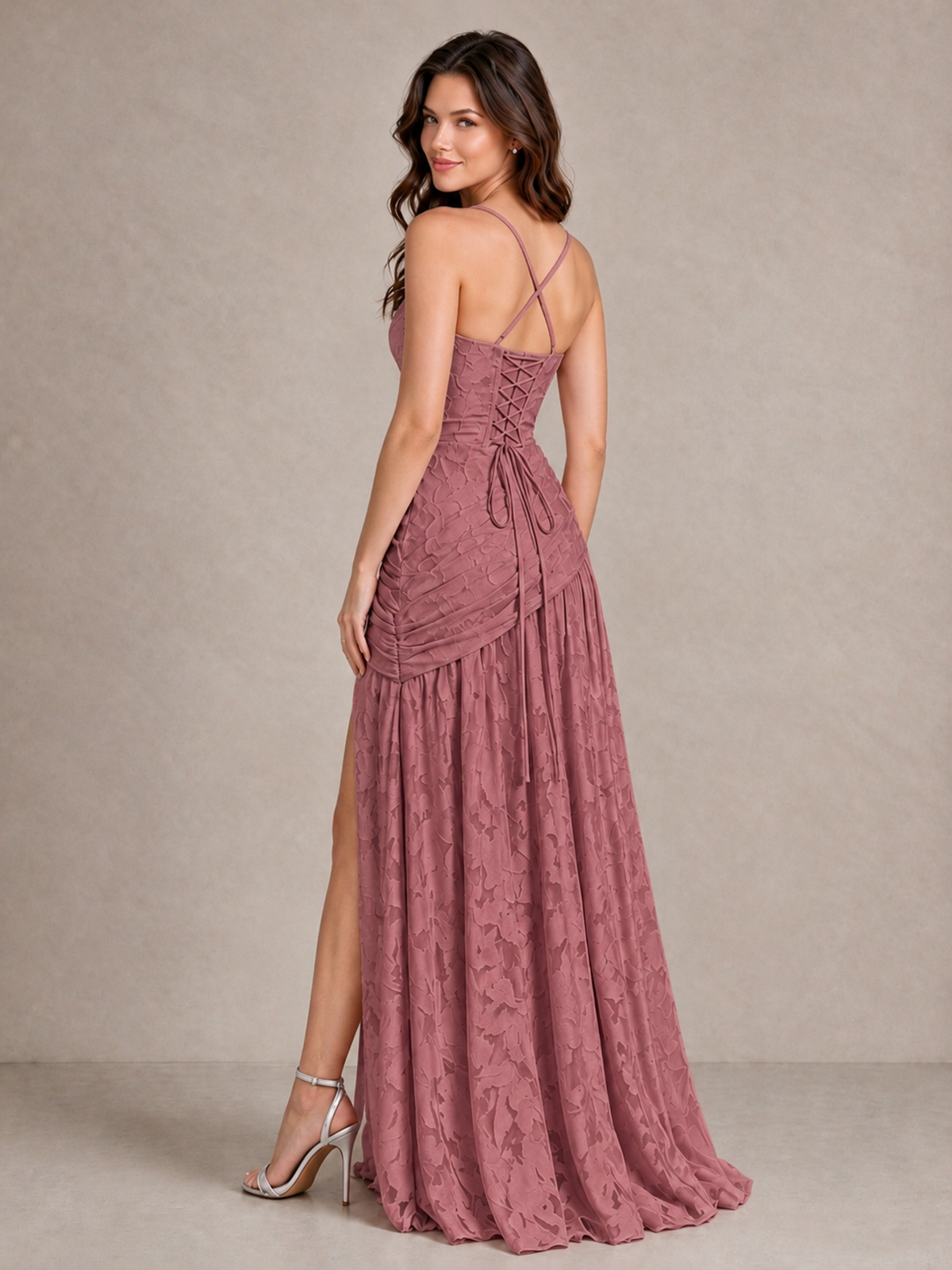BOLODOO Dark Rose Floral Jacquard Bridesmaid Dress with Square Neck, Lace-Up Back & High Slit - Dark Rose - Dark Rose_2