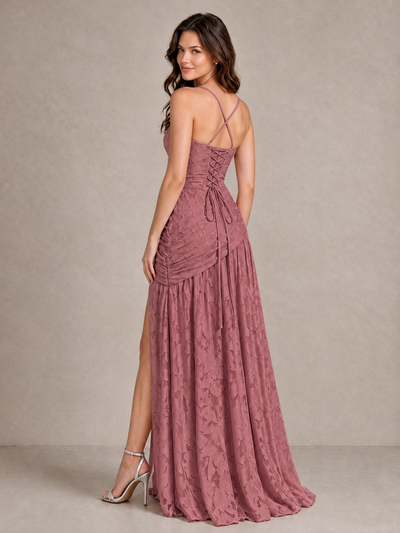 BOLODOO Dark Rose Floral Jacquard Bridesmaid Dress with Square Neck, Lace-Up Back & High Slit - Dark Rose - Dark Rose_2