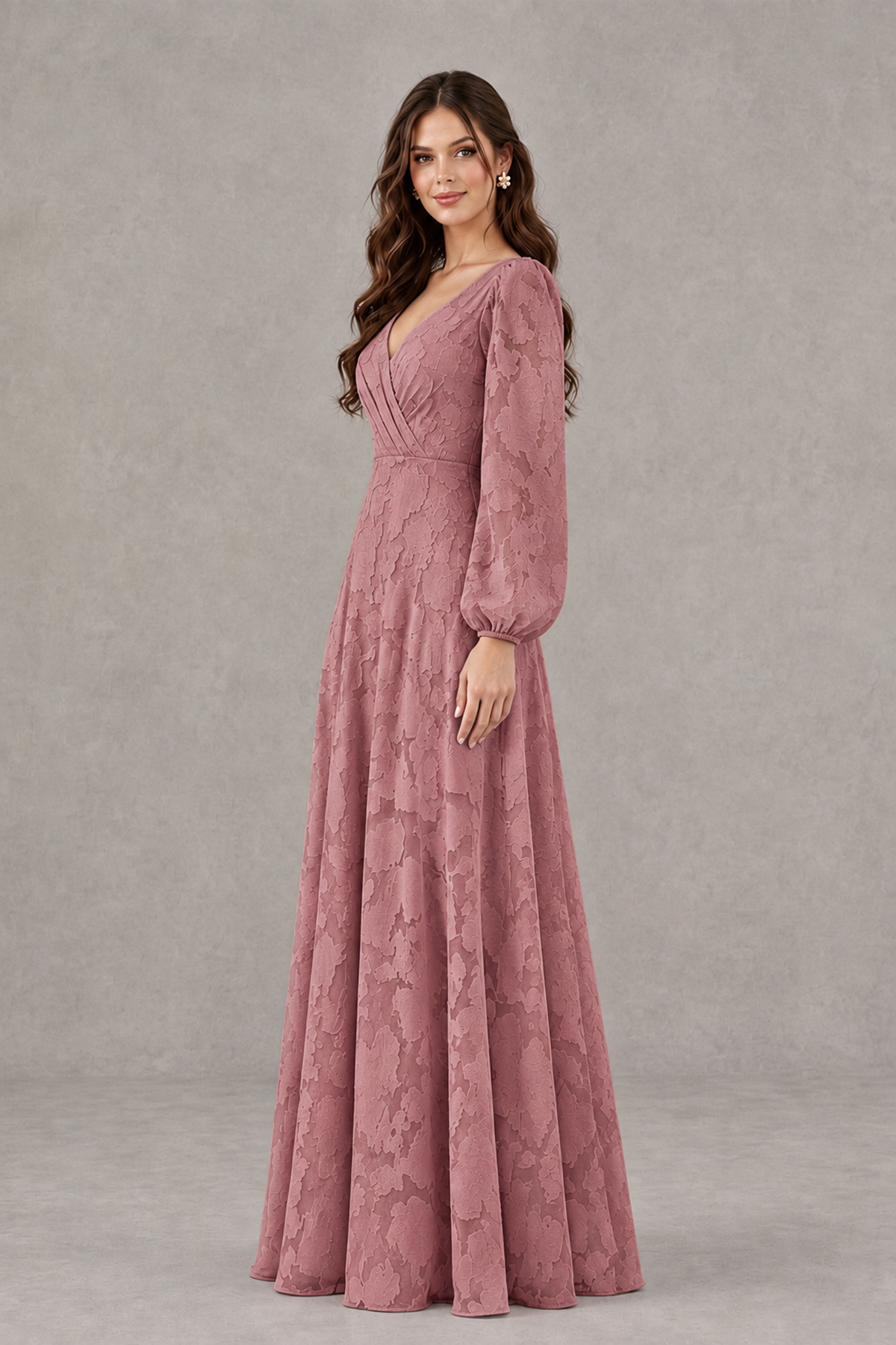 BOLODOO Dark Rose Long Sleeve V-Neck A-Line Mother of the Bride Dress - Dark Rose - Dark Rose_3