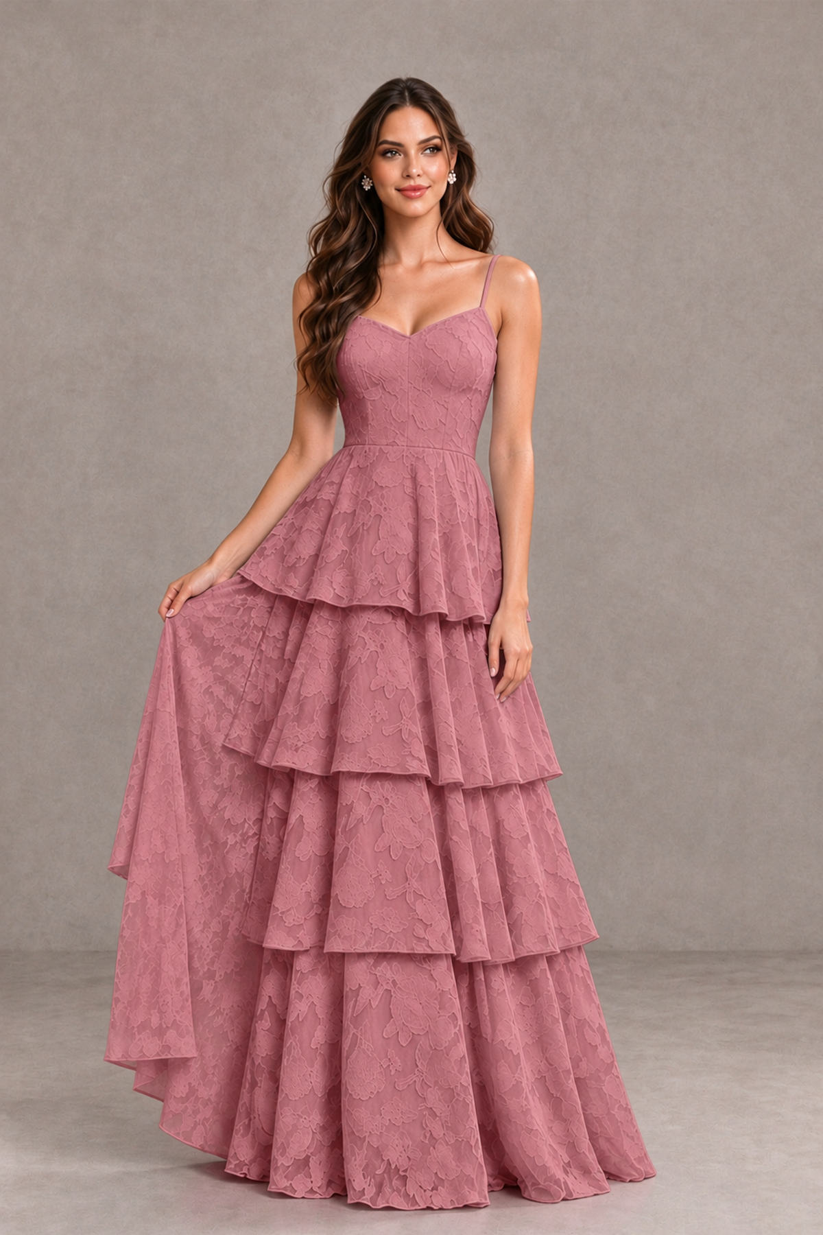 BOLODOO Dark Rose Tiered Floral-Textured Spaghetti Strap Maxi Dress - Dark Rose - Dark Rose_3