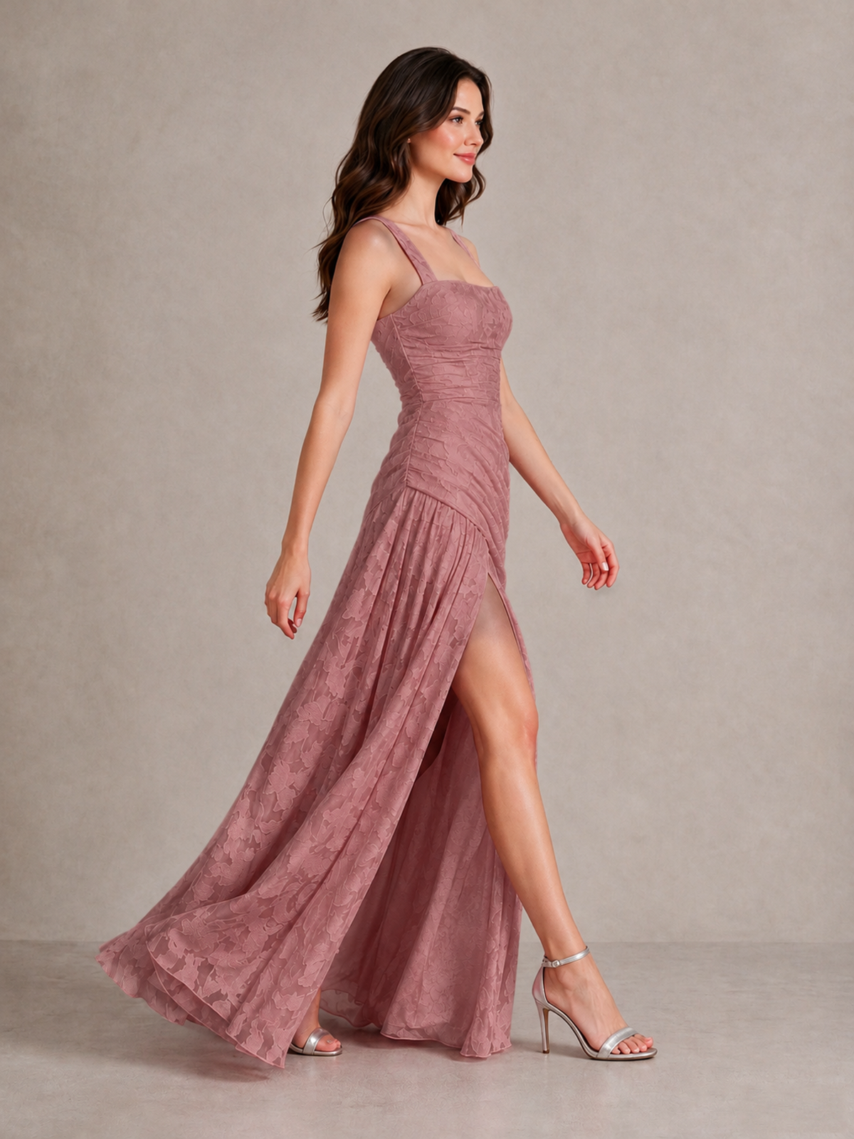BOLODOO Dark Rose Floral Jacquard Bridesmaid Dress with Square Neck, Lace-Up Back & High Slit - Dark Rose - Dark Rose_3