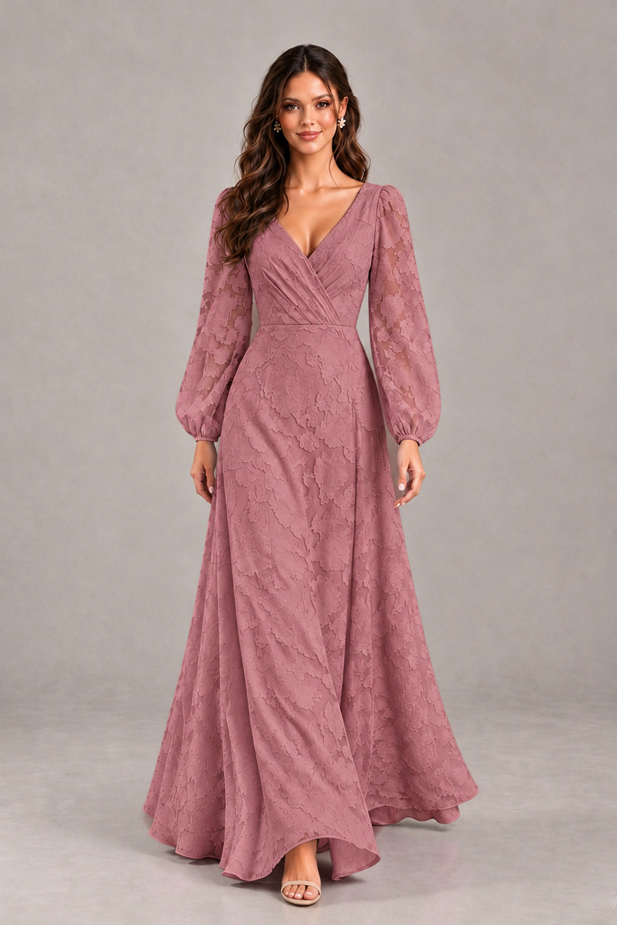 BOLODOO Dark Rose Long Sleeve V-Neck A-Line Mother of the Bride Dress - Dark Rose - Dark Rose_4