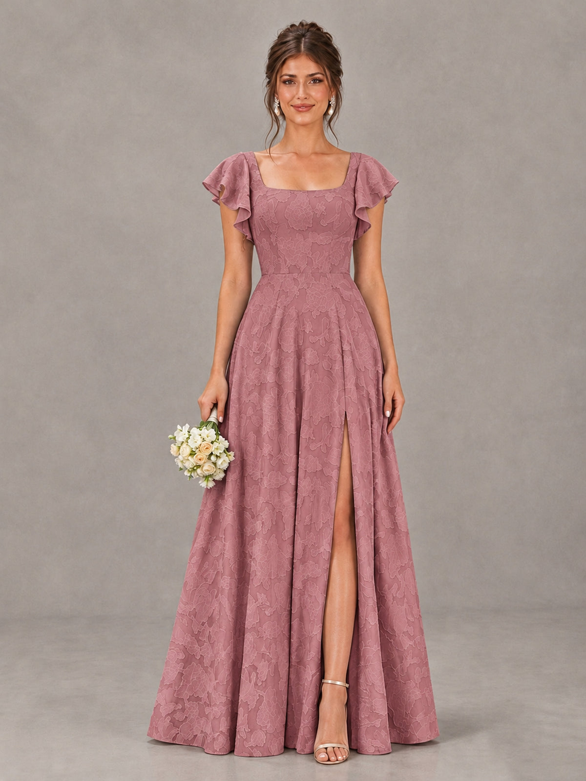 BOLODOO Dark Rose Floral Flutter Sleeve Bridesmaid Dress with Slit - Dark Rose - Dark Rose (1)