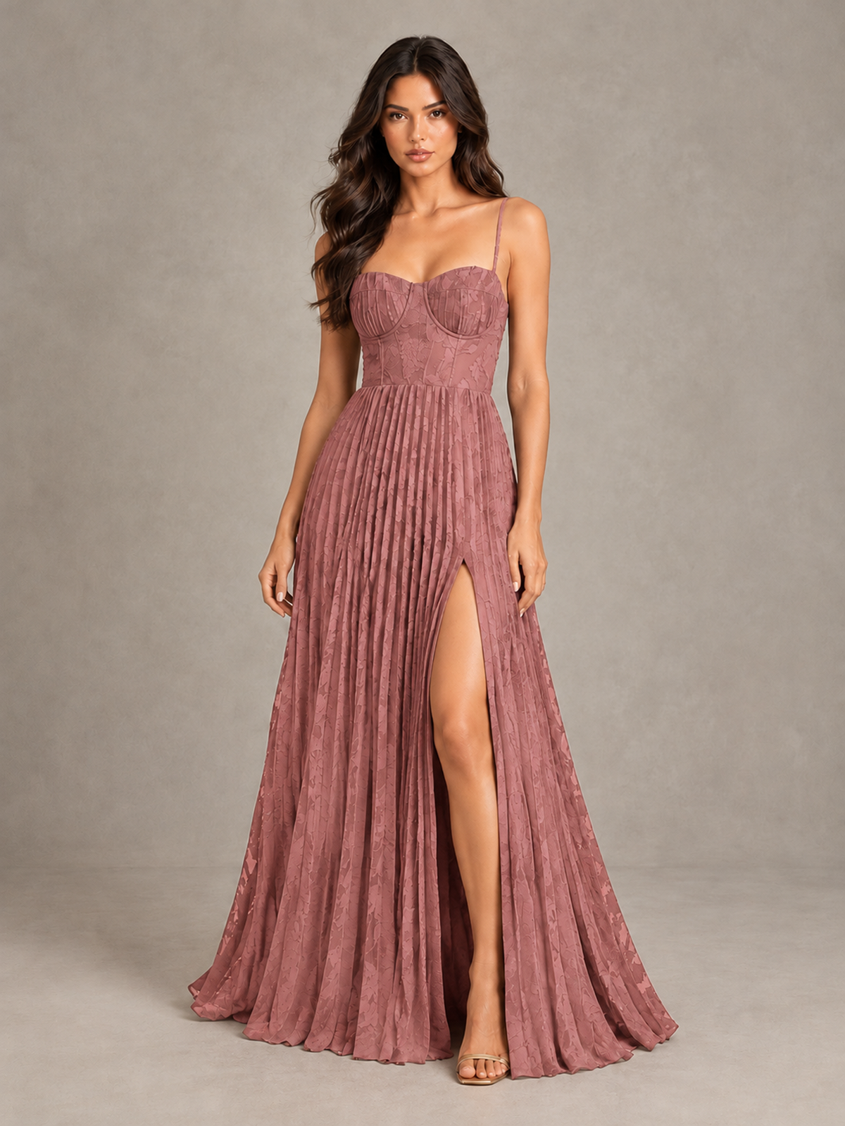 BOLODOO Dark Rose Pleated Bridesmaid Dress with Sweetheart Neckline & Slit - Dark Rose - Dark Rose (1)