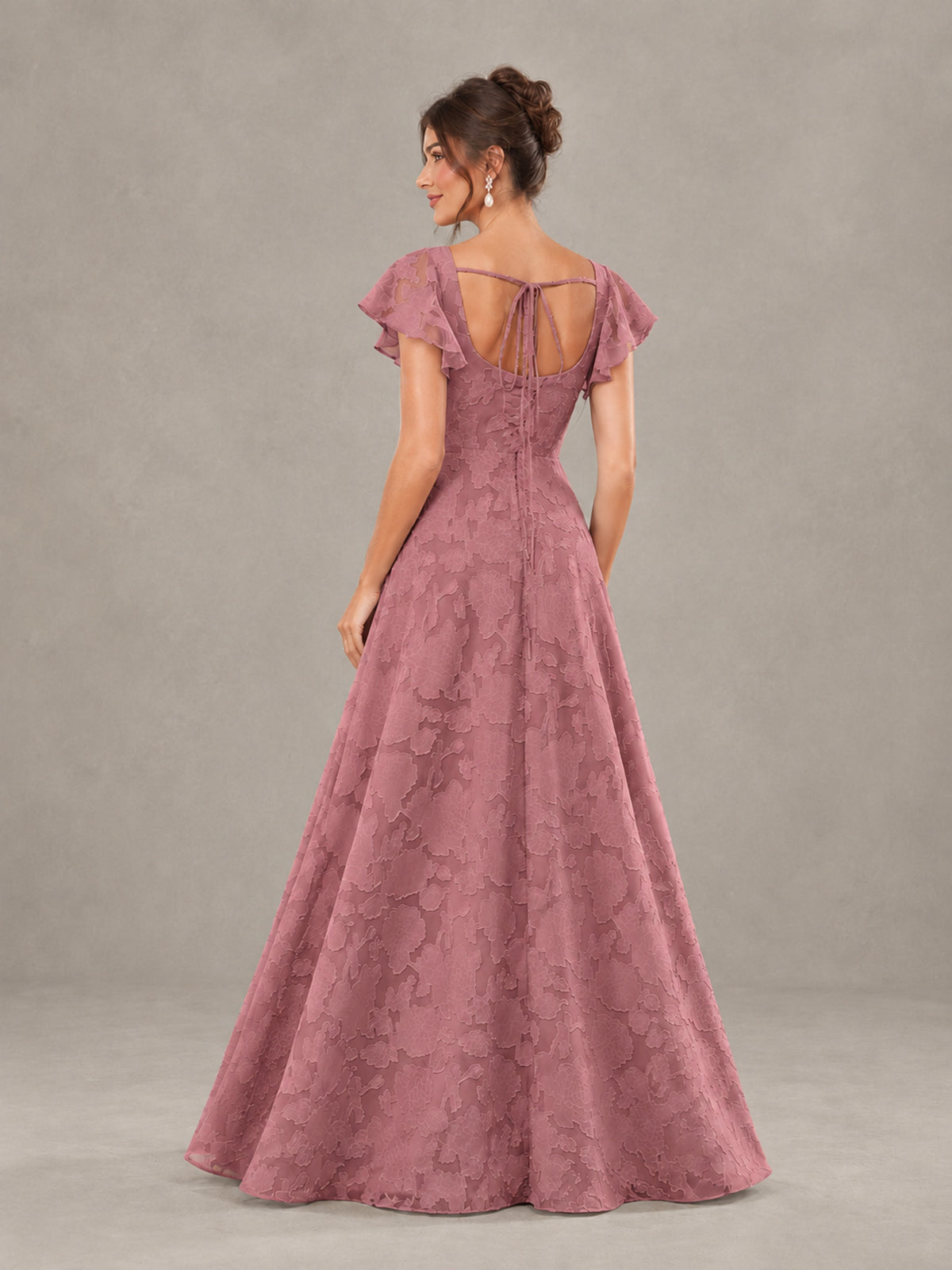 BOLODOO Dark Rose Floral Flutter Sleeve Bridesmaid Dress with Slit - Dark Rose - Dark Rose (2)