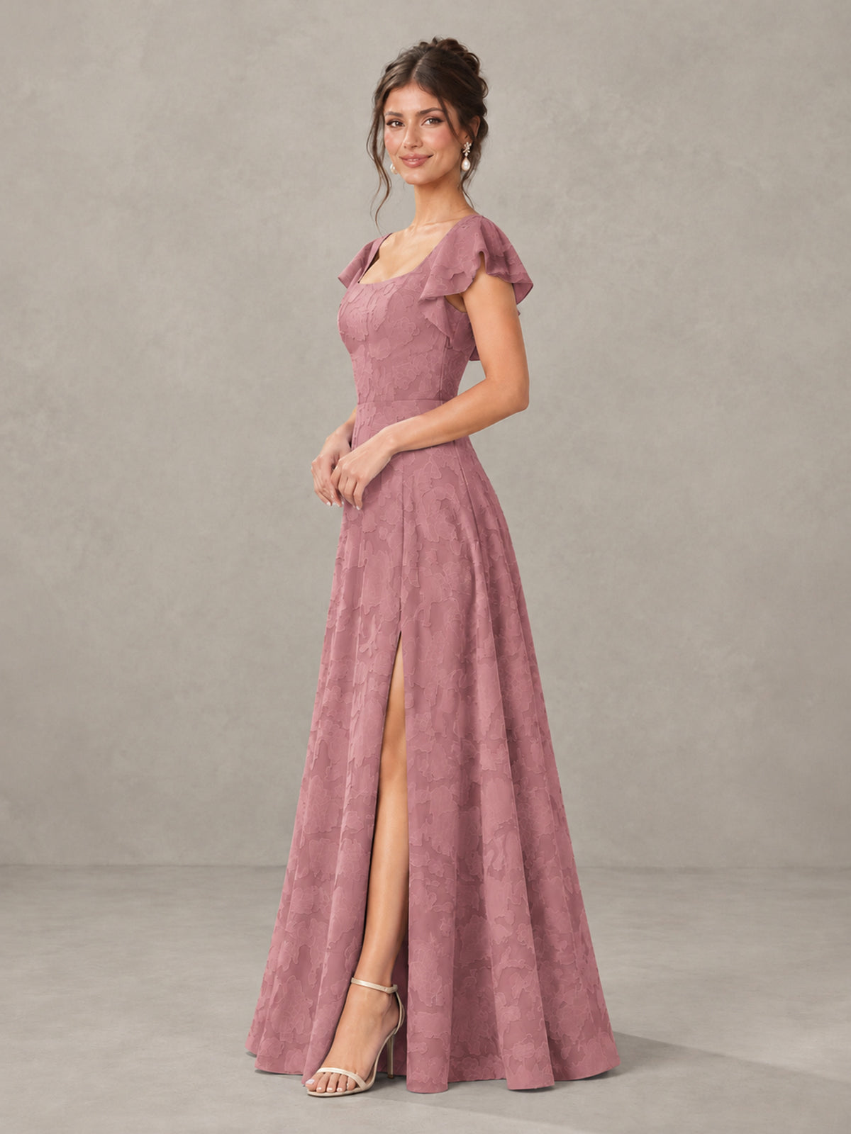BOLODOO Dark Rose Floral Flutter Sleeve Bridesmaid Dress with Slit - Dark Rose - Dark Rose (3)