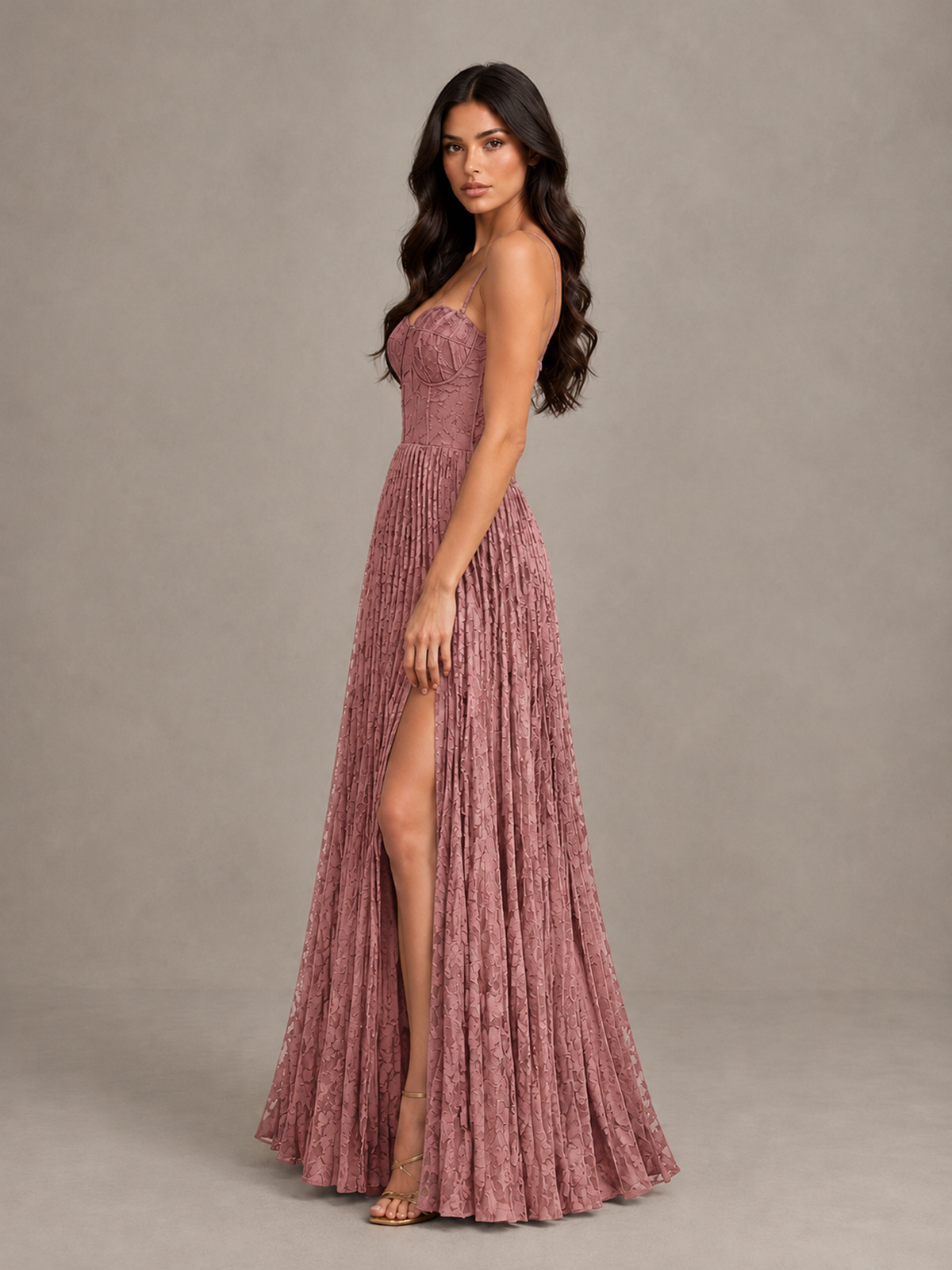 BOLODOO Dark Rose Pleated Bridesmaid Dress with Sweetheart Neckline & Slit - Dark Rose - Dark Rose (3)