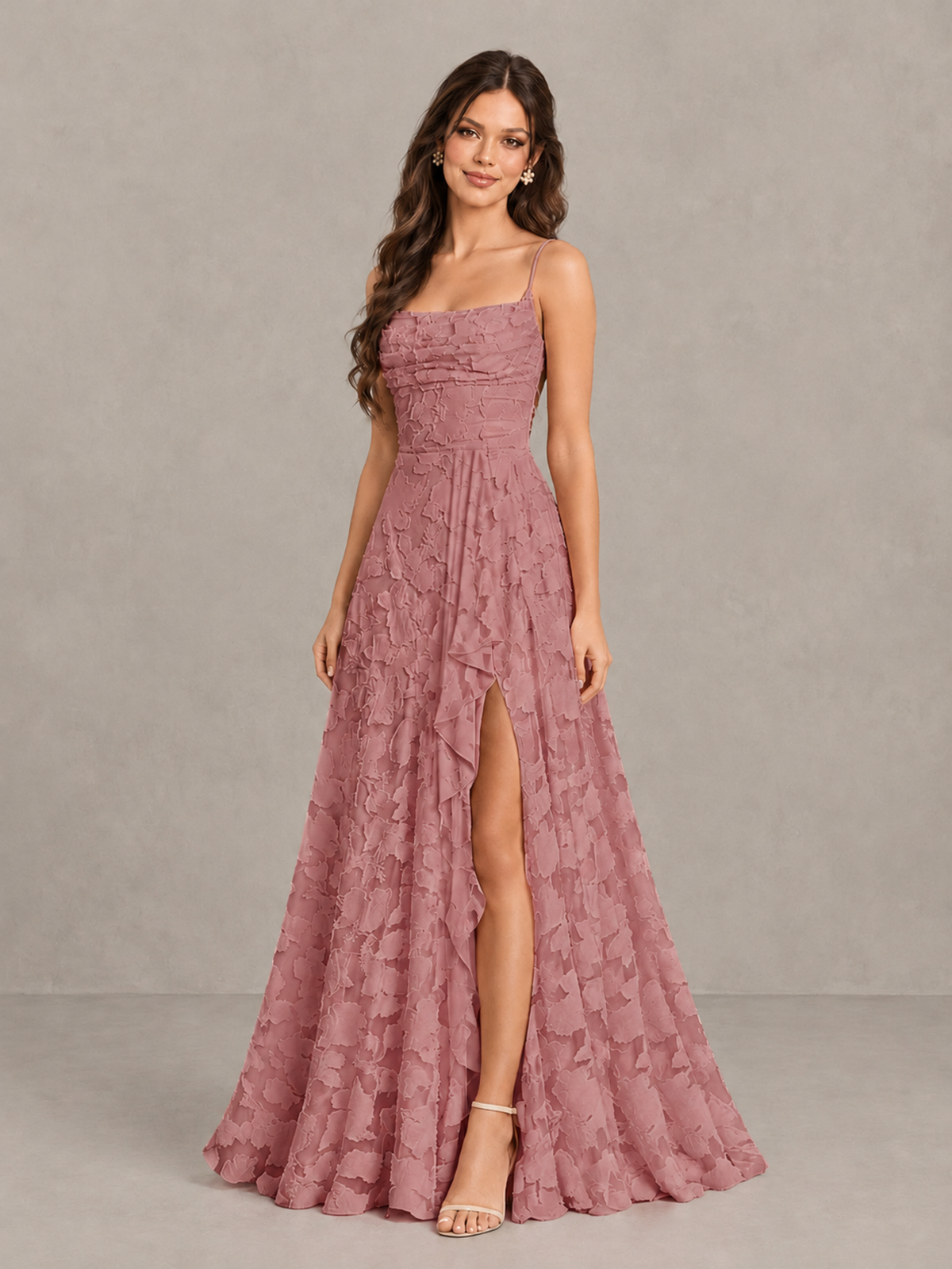 BOLODOO Dark Rose Floral Appliqué Slit Maxi Dress - Dark Rose - Dark Rose (3)