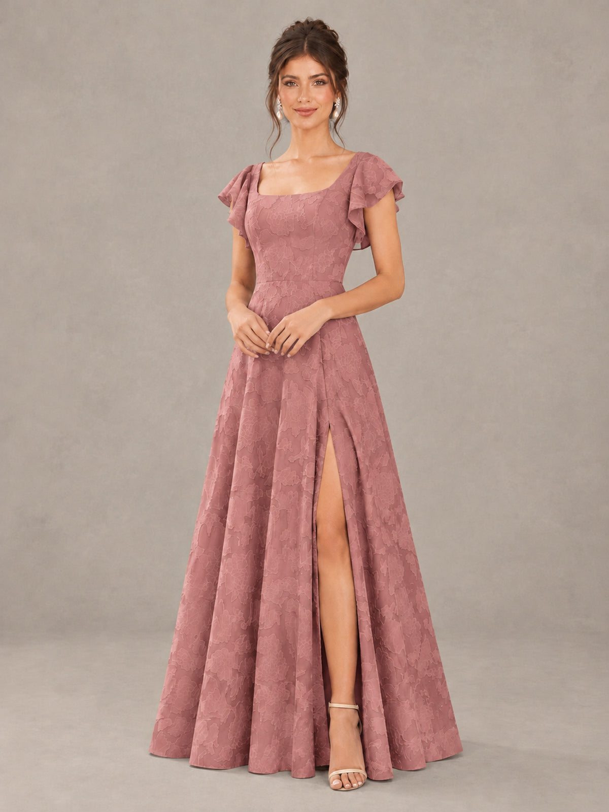BOLODOO Dark Rose Floral Flutter Sleeve Bridesmaid Dress with Slit - Dark Rose - Dark Rose (4)