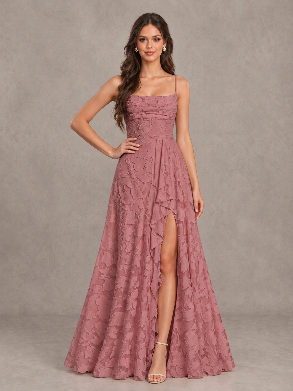 BOLODOO Dark Rose Floral Appliqué Slit Maxi Dress - Dark Rose - Dark Rose (4)