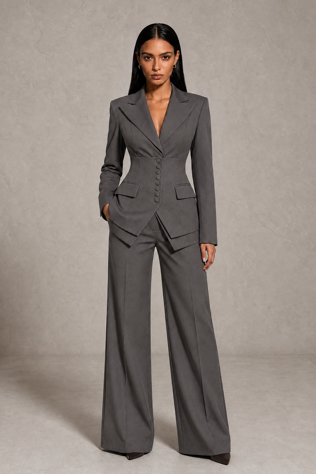 BOLODOO Deep Grey Cinched Waist Blazer and Wide Leg Pants Two Piece Suit Set - Deep Grey