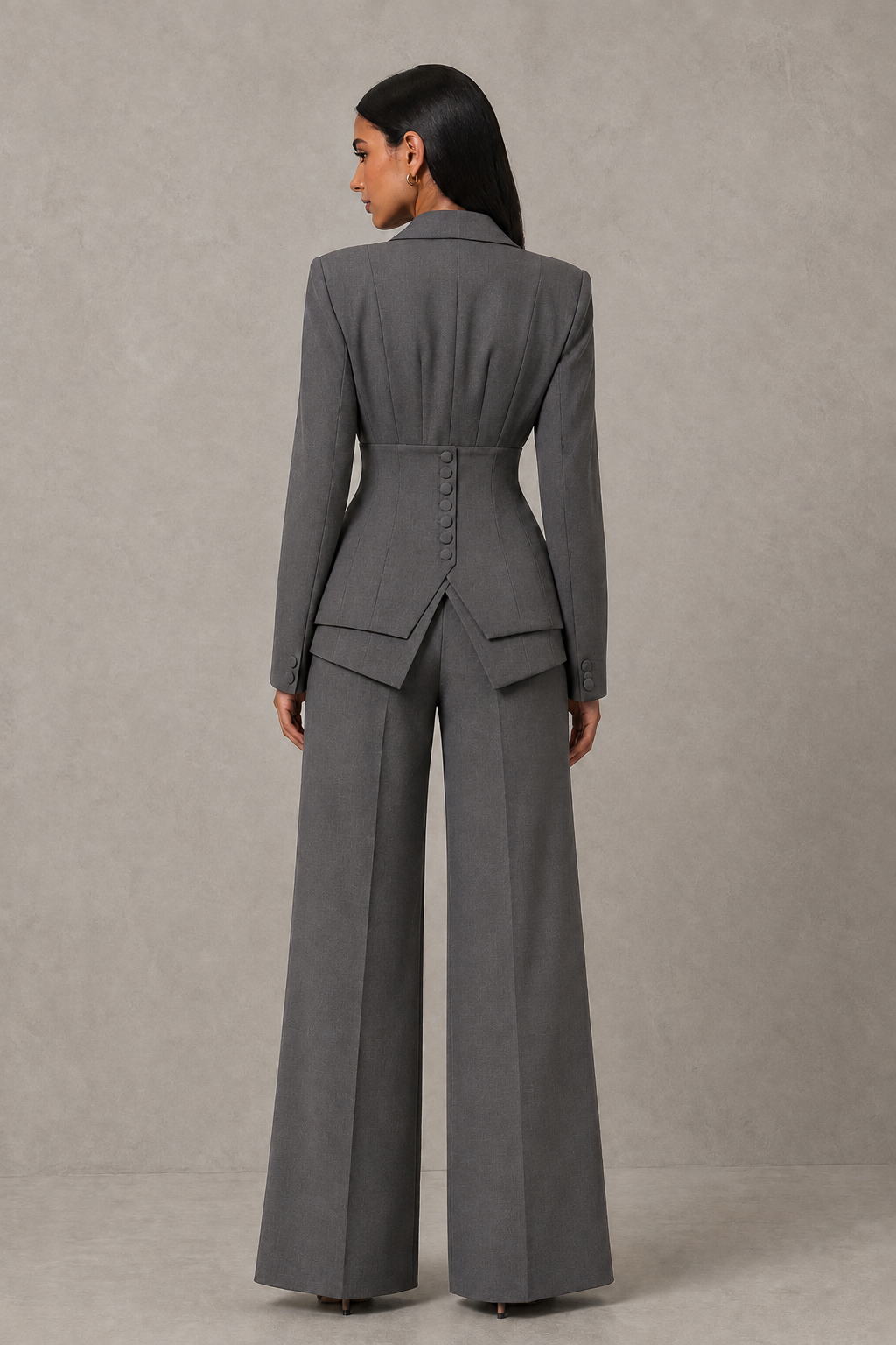 BOLODOO Deep Grey Cinched Waist Blazer and Wide Leg Pants Two Piece Suit Set - Deep Grey