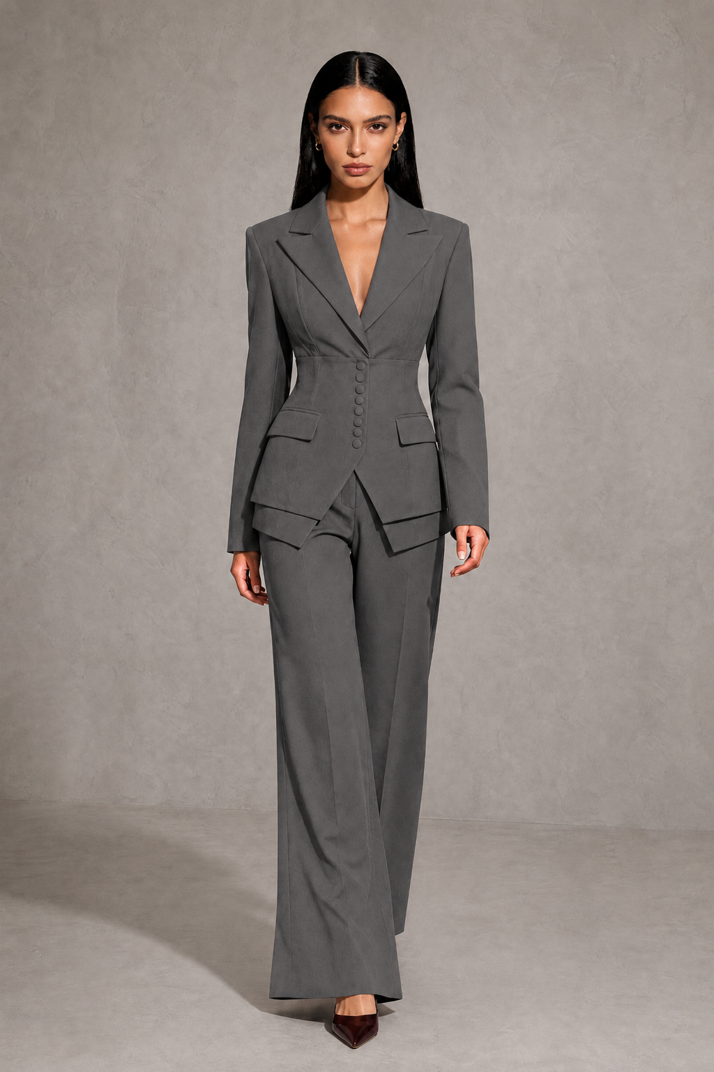 BOLODOO Deep Grey Cinched Waist Blazer and Wide Leg Pants Two Piece Suit Set - Deep Grey