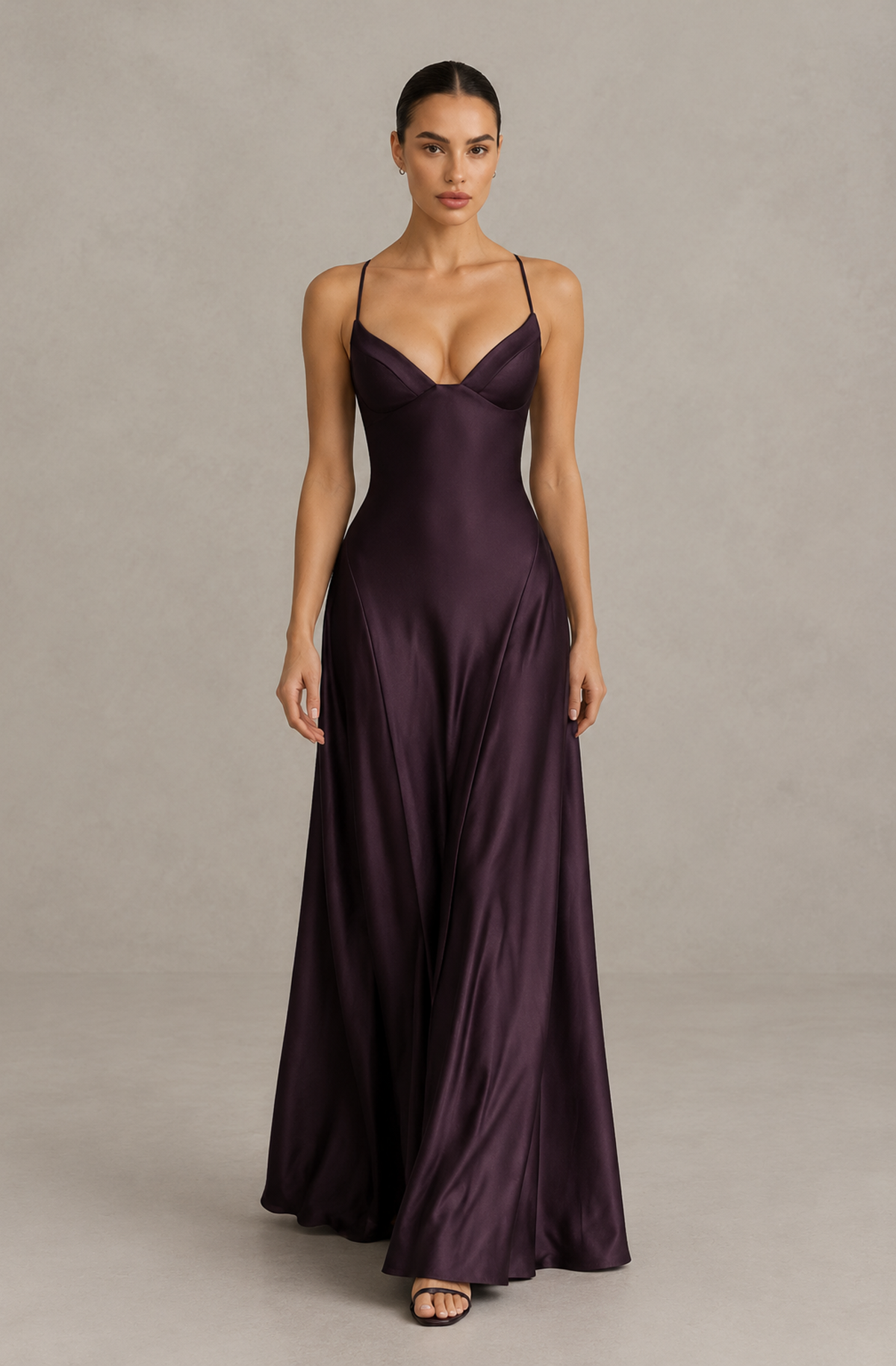 BOLODOO QQ079 deep purple satin-look evening dress with flowing skirt, walking front view