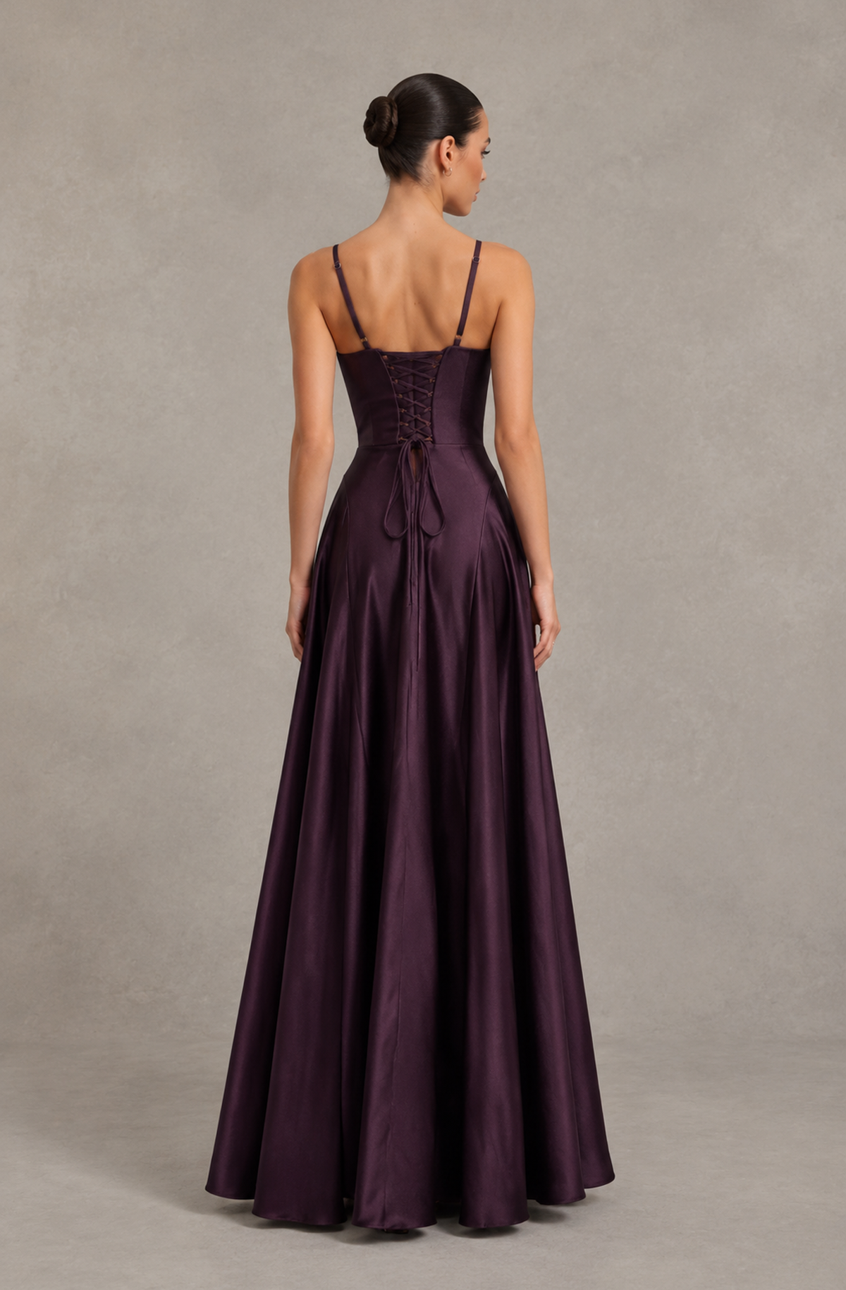 BOLODOO QQ079 deep purple maxi dress showing exposed upper back and lace-up fastening