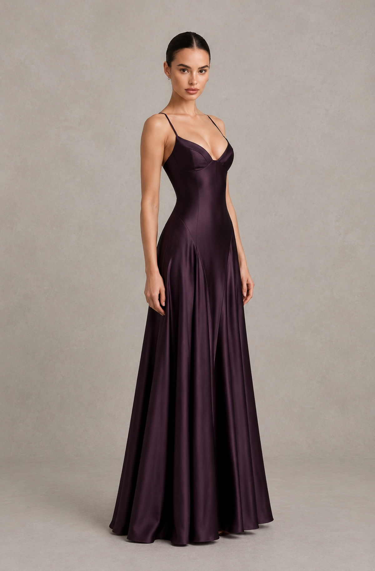 BOLODOO QQ079 deep purple spaghetti-strap maxi dress, three-quarter view