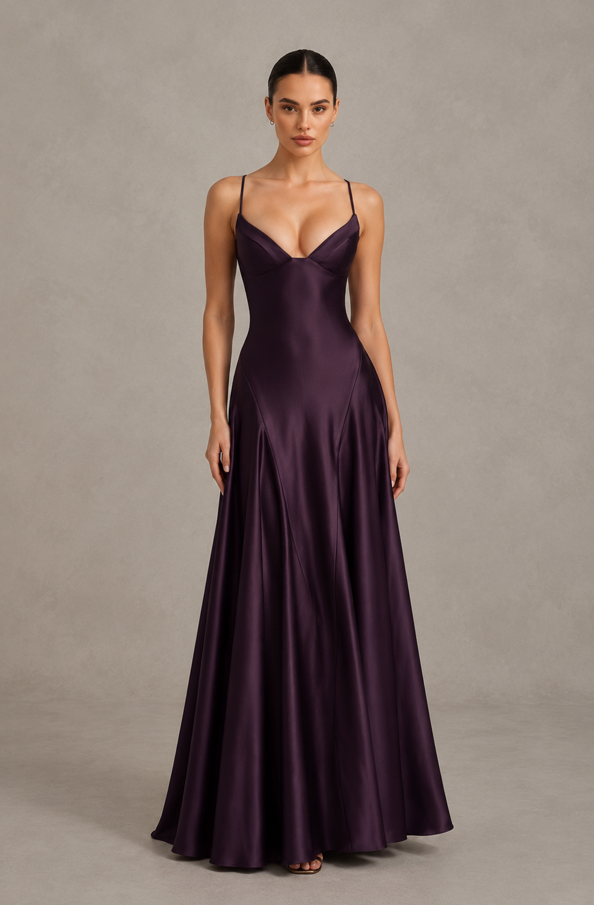 BOLODOO QQ079 deep purple V-neck satin-look floor-length A-line dress, full front view