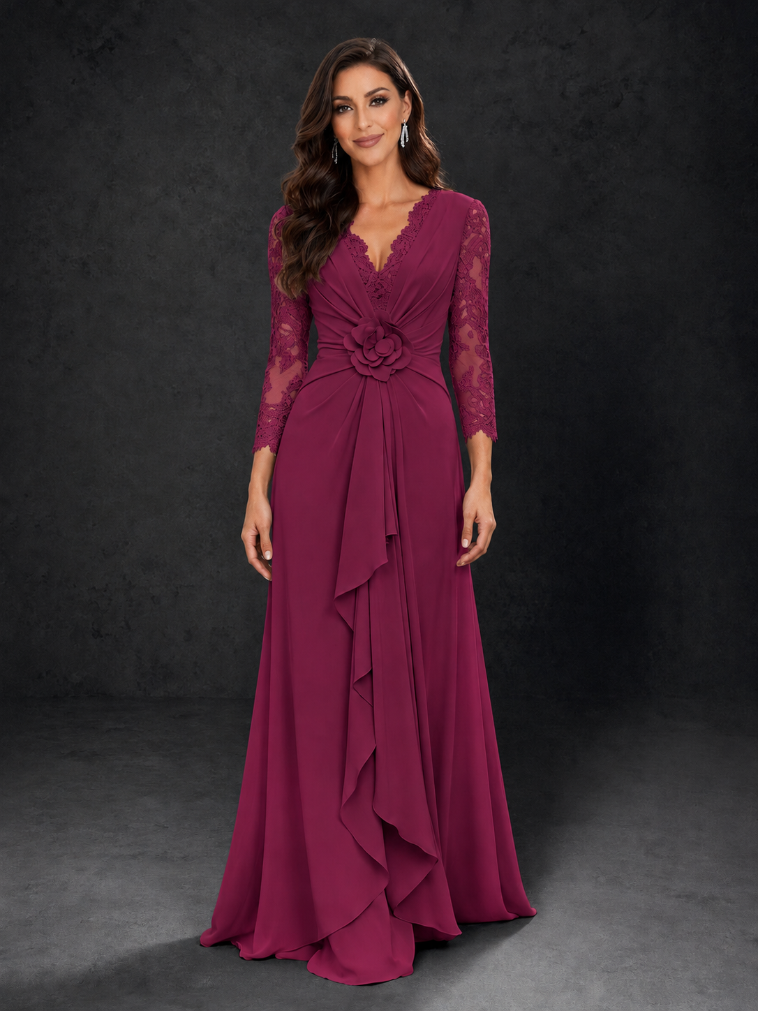BOLODOO Desert Rose Lace Sleeve V-Neck Floral Waist Chiffon A-Line Maxi Dress 