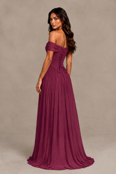BOLODOO Desert Rose Off-Shoulder Sweetheart Corset Pleated Chiffon Maxi Dress 