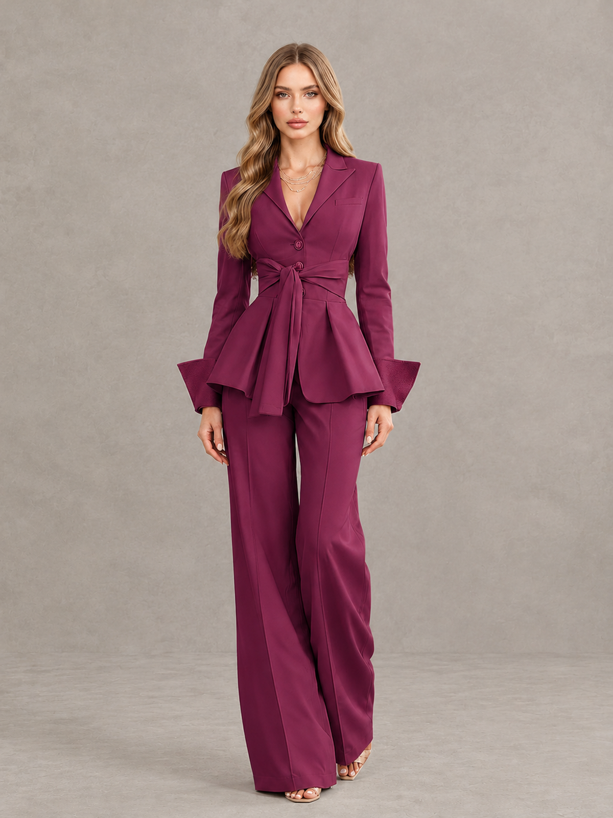 BOLODOO Desert Rose Belted Peplum Pantsuit with Long Sleeves & Wide-Leg Trousers - Desert Rose - Desert Rose_01