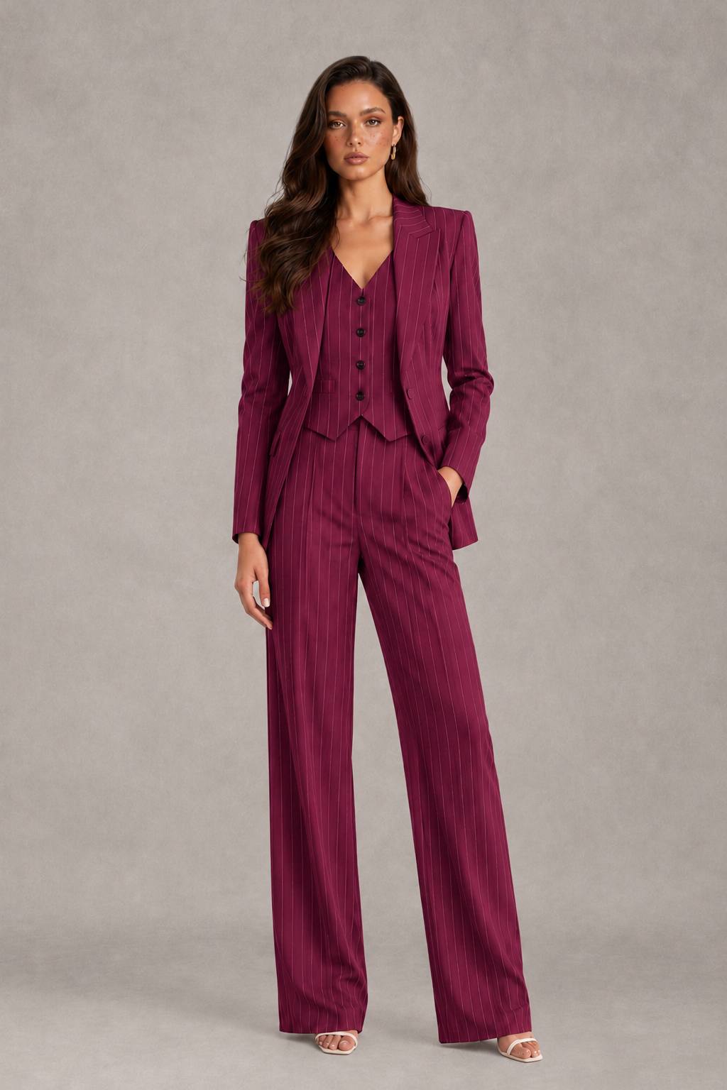 BOLODOO Women's Desert Rose Pinstripe Three-Piece Pantsuit with Wide-Leg Trousers - Desert Rose - Desert Rose_01