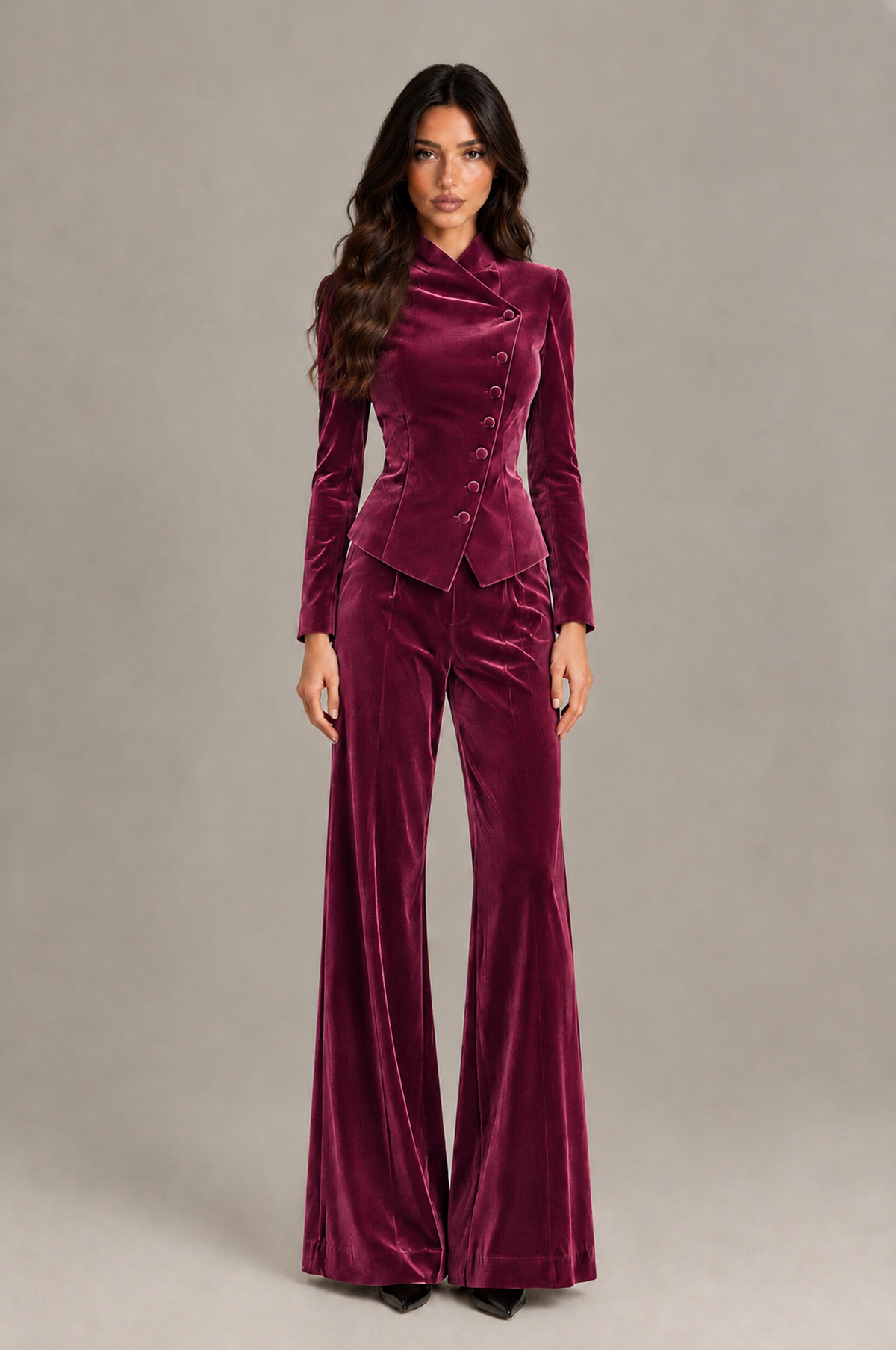 BOLODOO Desert Rose Velvet Two-Piece Pantsuit with Long Sleeve Blazer & Wide-Leg Trousers - Desert Rose - Desert Rose_01