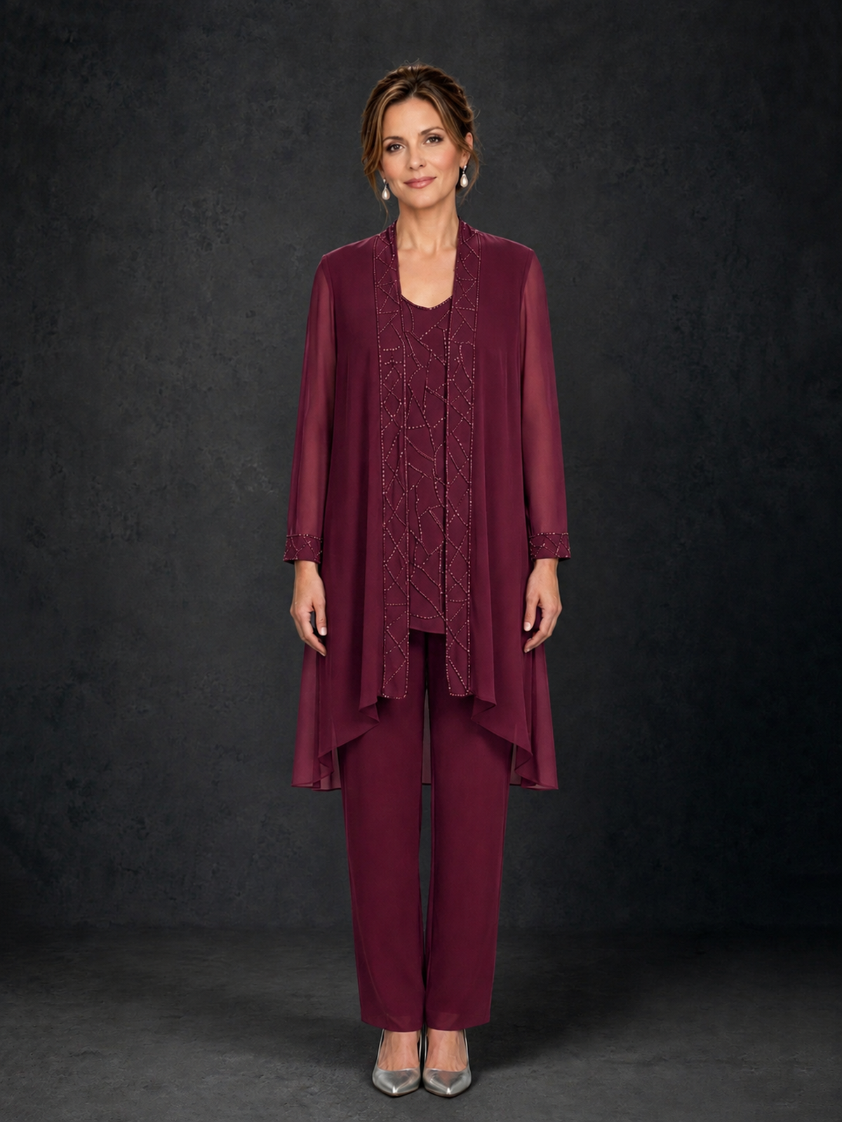 BOLODOO Desert Rose 3-Piece Beaded Chiffon Duster Jacket Pant Suit - Desert Rose - Desert Rose_01