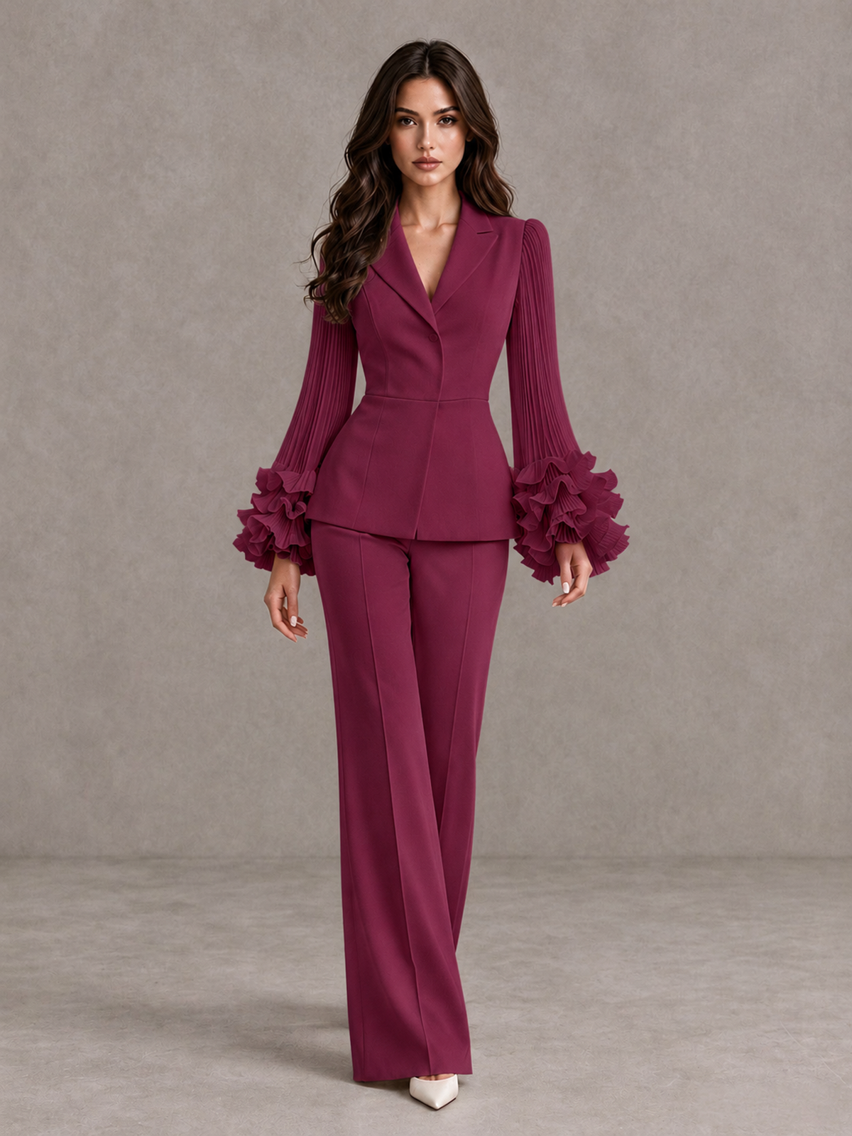 BOLODOO Desert Rose Mother of the Bride Pant Suit – Pleated Long Sleeve Ruffle Cuff Wide Leg Trouser Suit - Desert Rose - Desert Rose_01