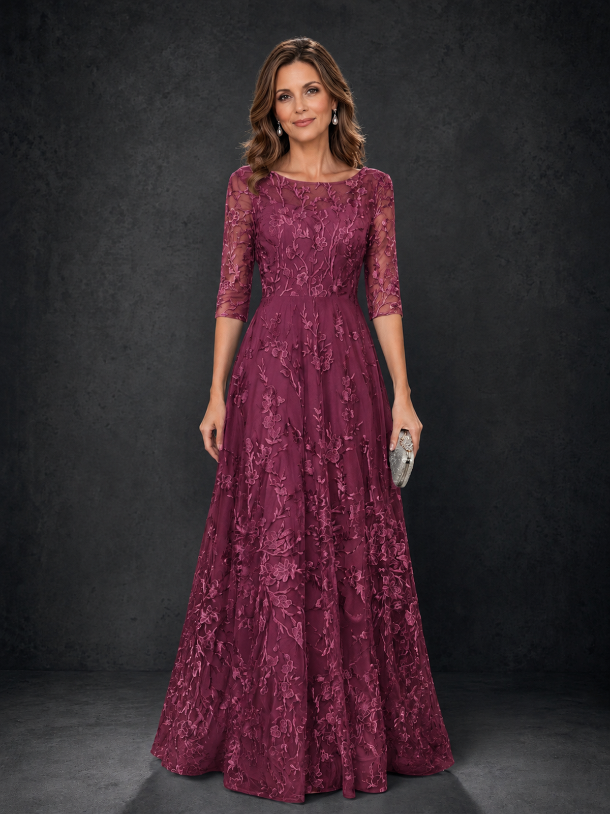 BOLODOO Desert Rose Illusion Bateau Neck 3/4 Sleeve Floral Lace A-Line Mother of the Bride Dress MX007 - Desert Rose - Desert Rose_01