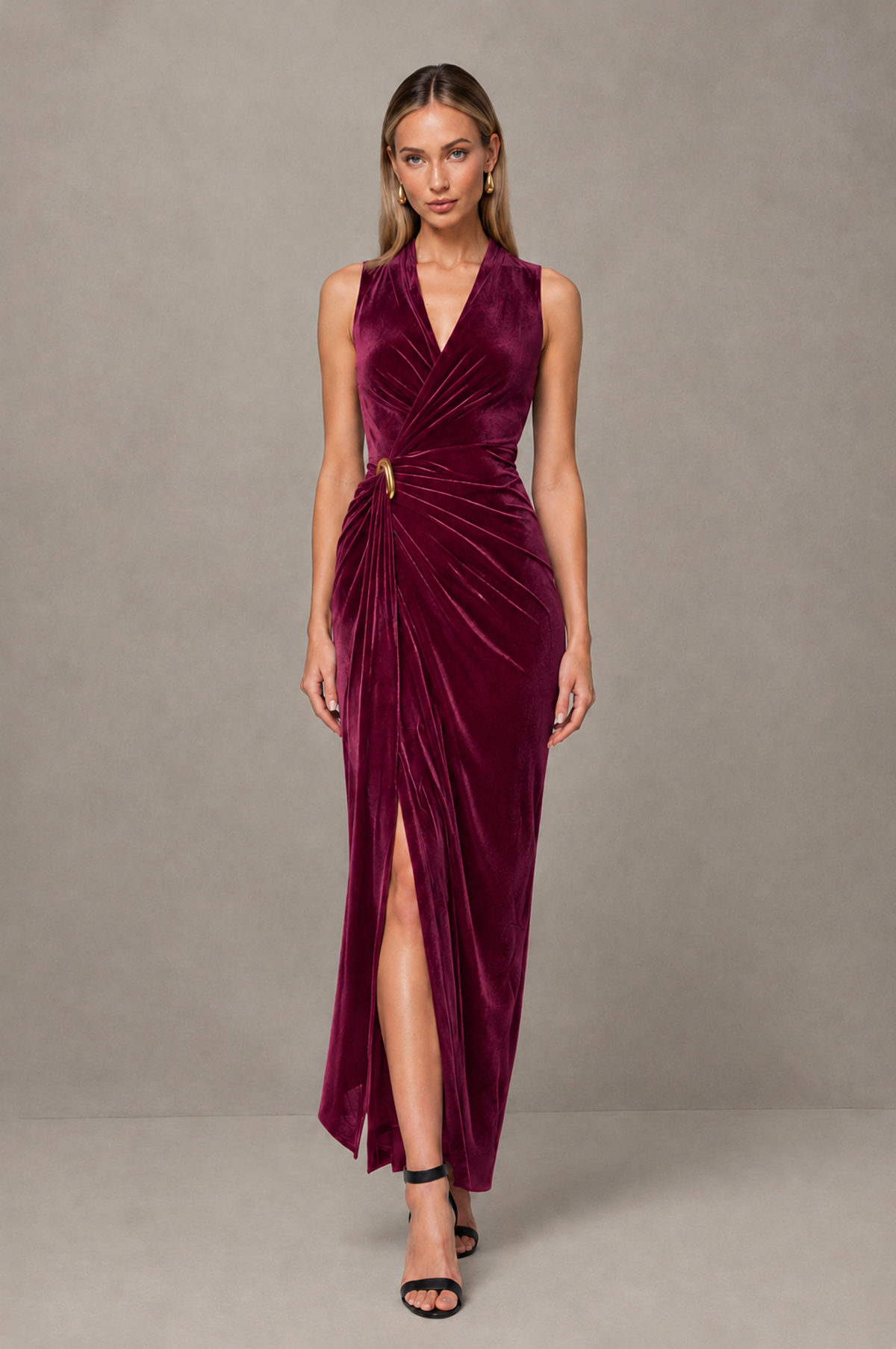 BOLODOO Desert Rose Velvet-Look Sleeveless V-Neck Ruched Slit Maxi Dress - Desert Rose - Desert Rose_01