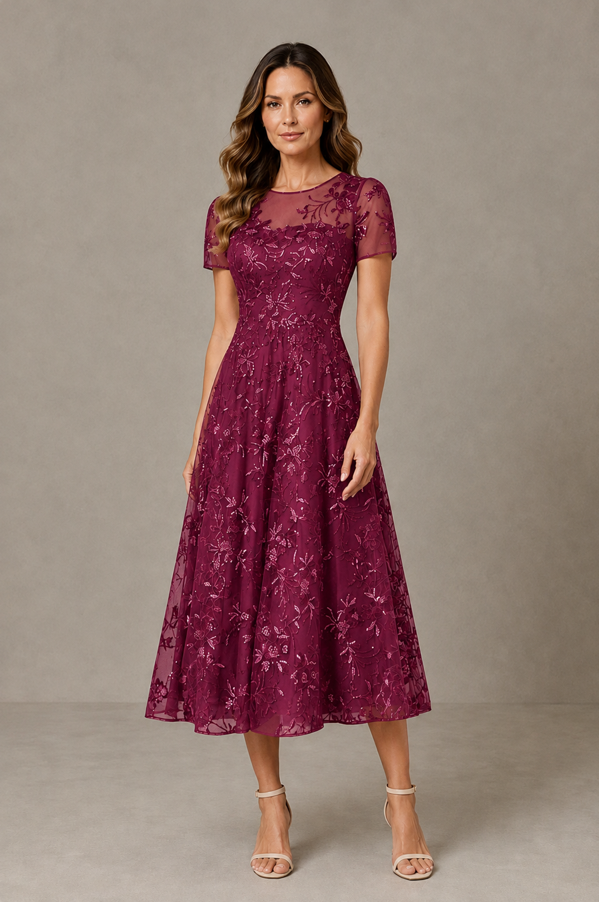 BOLODOO Desert Rose Textured Floral A-Line Dress with Short Sleeves - Desert Rose - Desert Rose_01